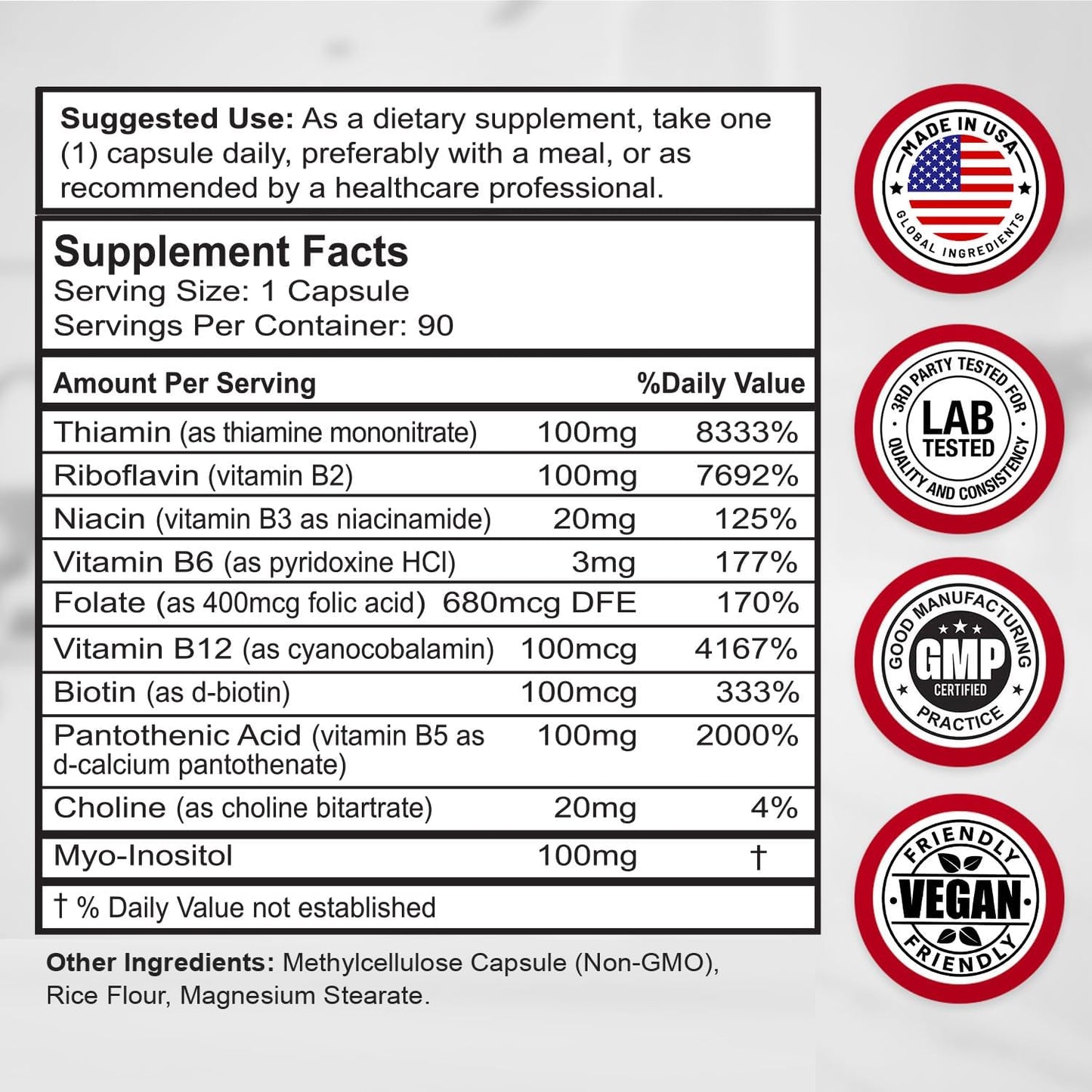 Premium Super B Complex Vitamins with B12, B1, B2, B3, B5, B6, B7, B9, Folic Acid - 90 Vegetarian Capsules - Energy Metabolism Support