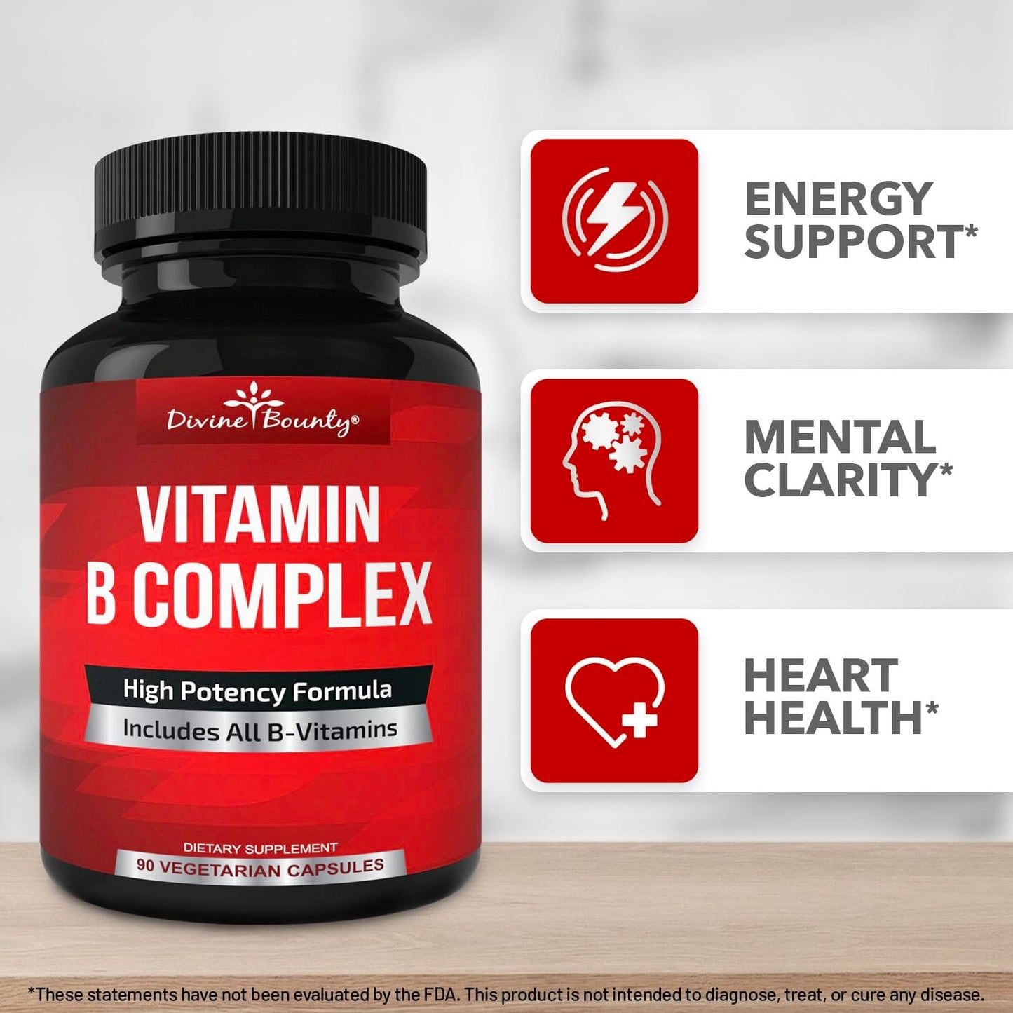 Premium Super B Complex Vitamins with B12, B1, B2, B3, B5, B6, B7, B9, Folic Acid - 90 Vegetarian Capsules - Energy Metabolism Support