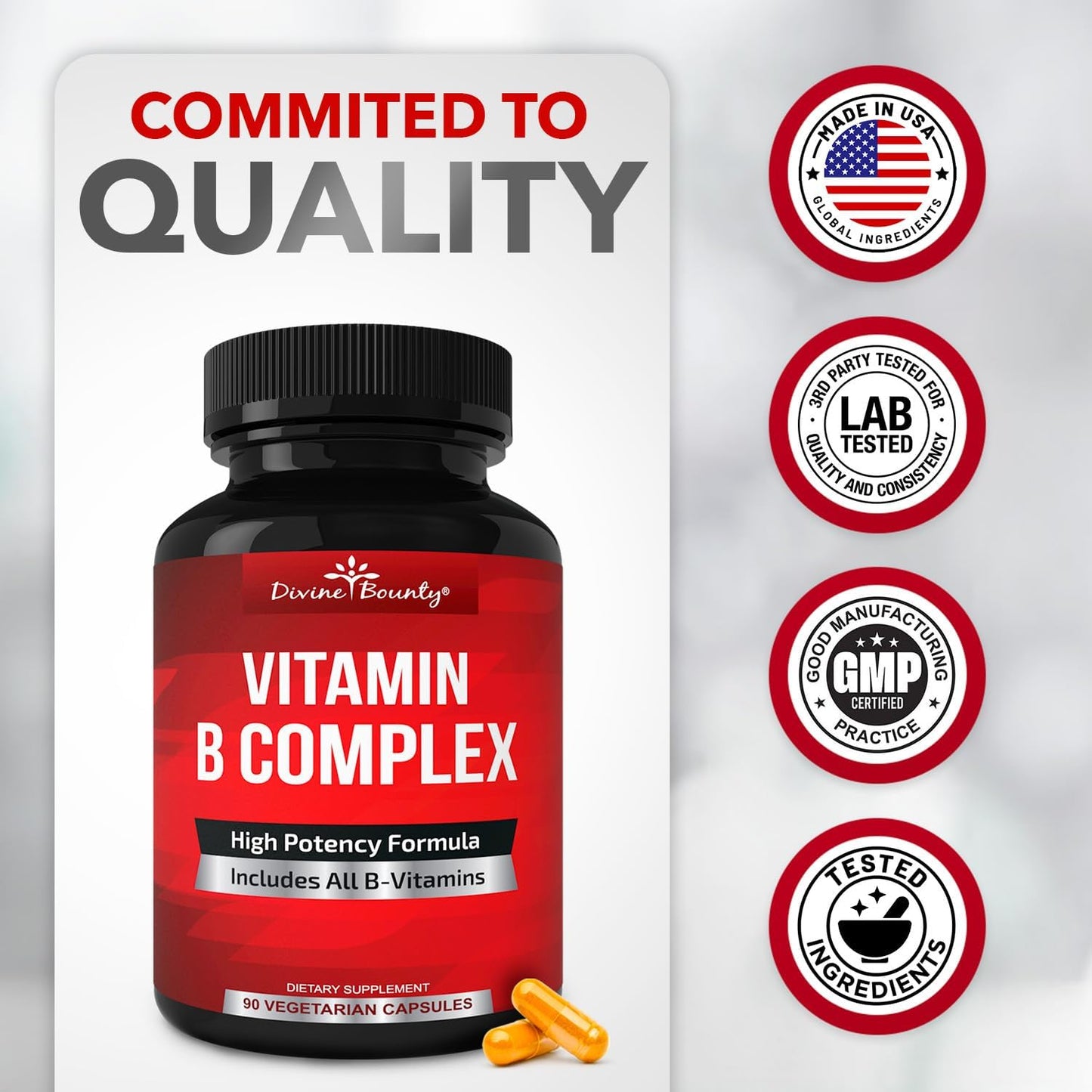 Premium Super B Complex Vitamins with B12, B1, B2, B3, B5, B6, B7, B9, Folic Acid - 90 Vegetarian Capsules - Energy Metabolism Support