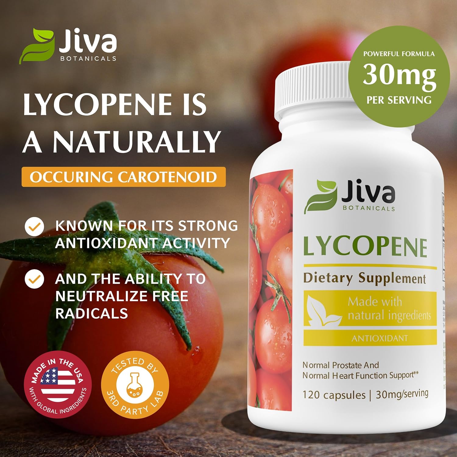 Premium Tomato Fruit Lycopene Capsules - Antioxidant Support - 120 Veggie Capsules by Jiva Botanicals