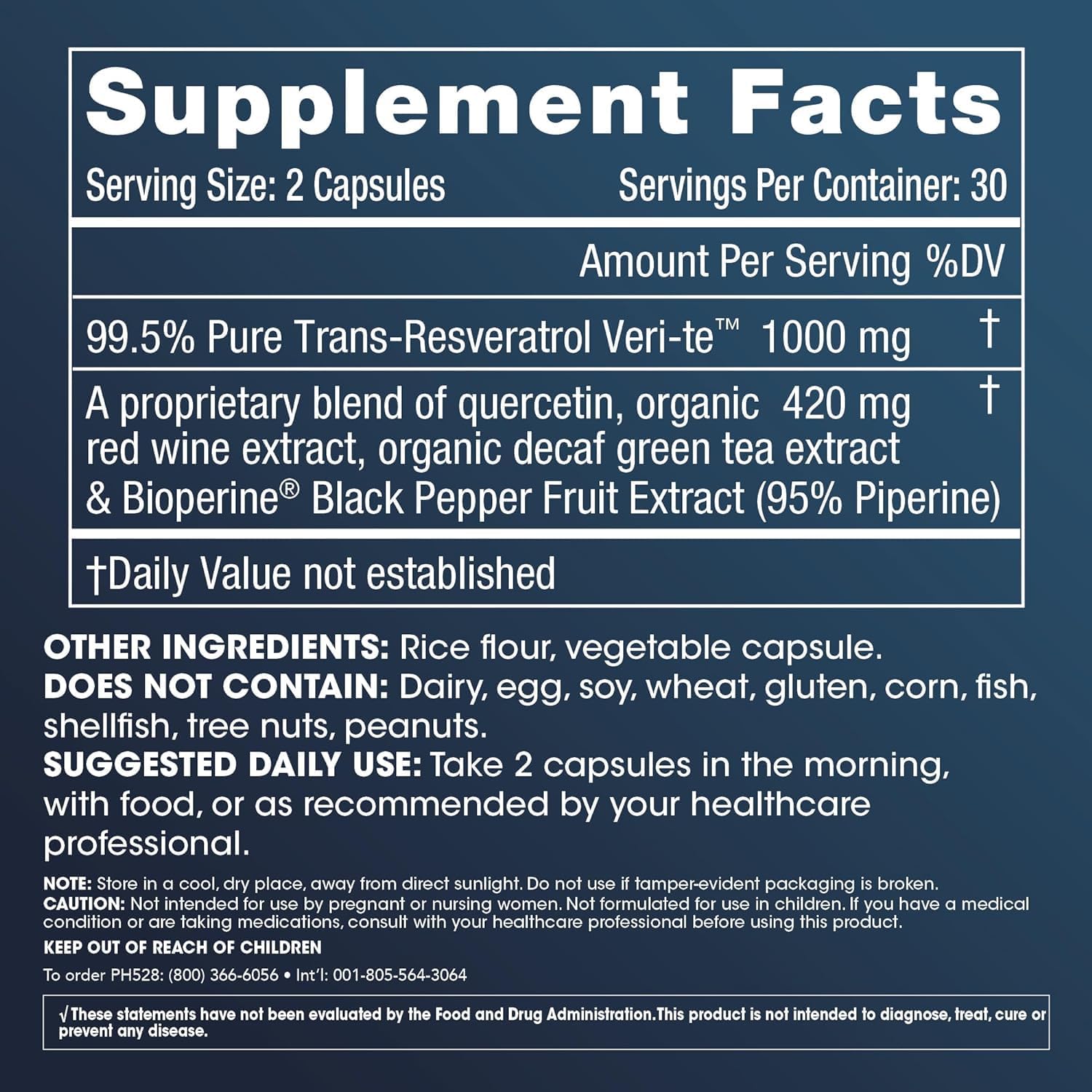 Premium Trans-Resveratrol Capsules with Quercetin, Red Wine & Green Tea Extract - 1000mg - Supports Cellular Health, Memory, Healthy Aging - 60 Capsules