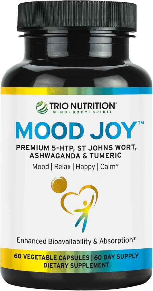 Premium Trio Mood Joy Supplement with 5-HTP, St Johns Wort, Ashwagandha & Turmeric - Promotes Natural Calm & Relaxation - 60 Day Supply