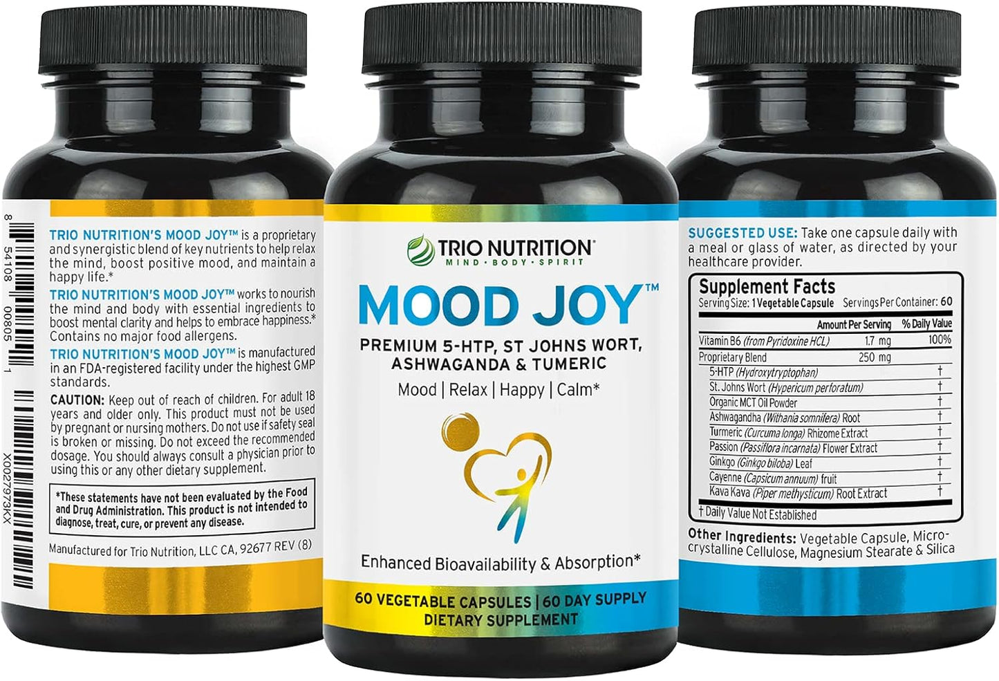 Premium Trio Mood Joy Supplement with 5-HTP, St Johns Wort, Ashwagandha & Turmeric - Promotes Natural Calm & Relaxation - 60 Day Supply