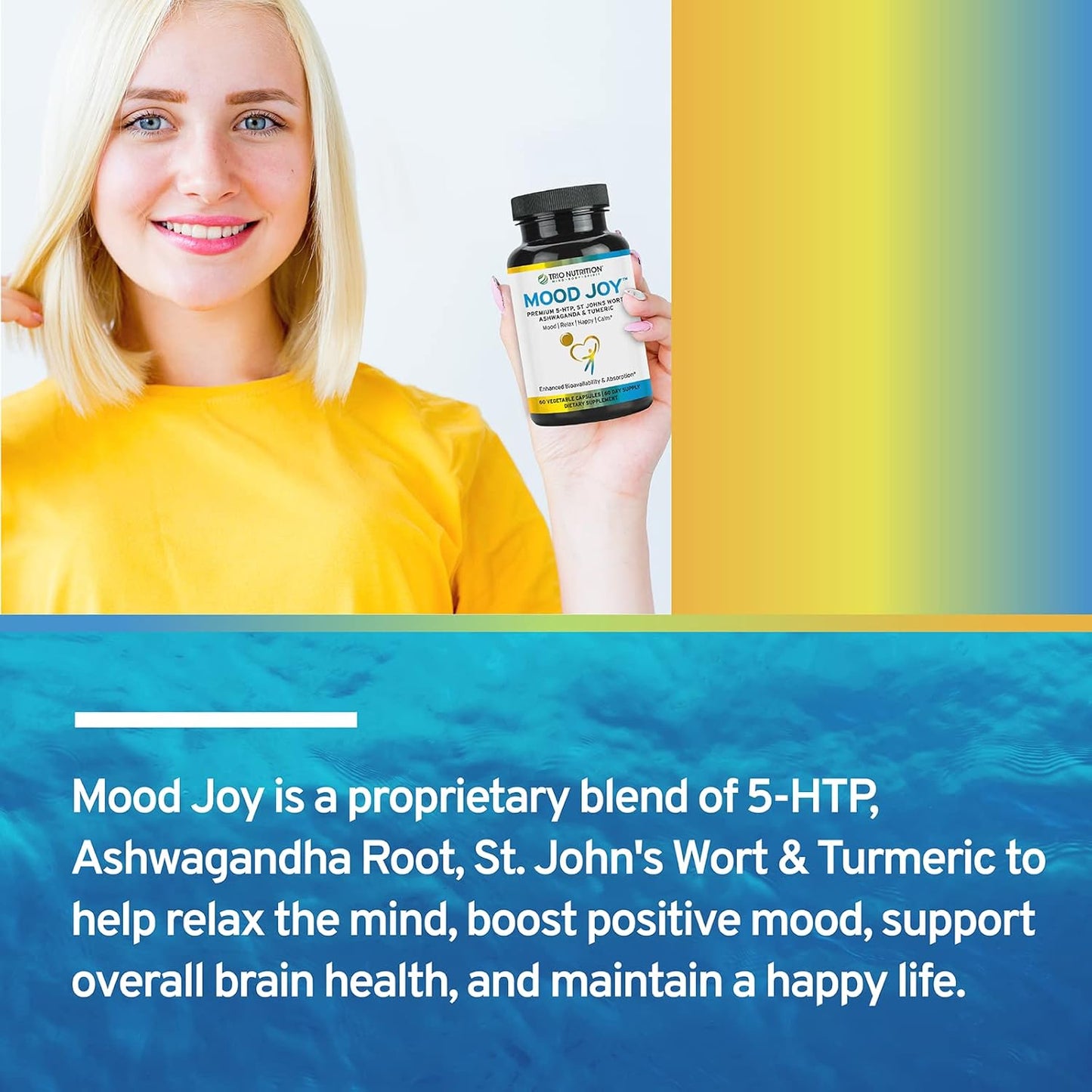 Premium Trio Mood Joy Supplement with 5-HTP, St Johns Wort, Ashwagandha & Turmeric - Promotes Natural Calm & Relaxation - 60 Day Supply