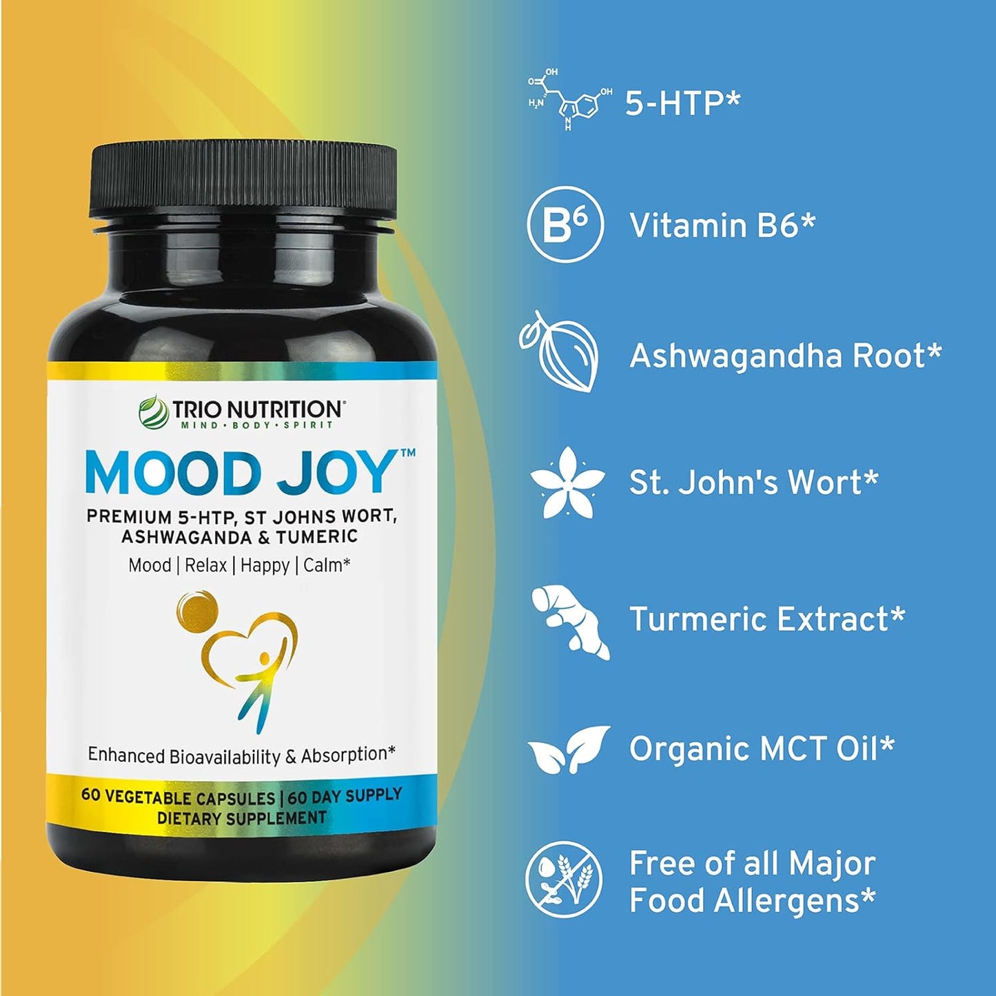 Premium Trio Mood Joy Supplement with 5-HTP, St Johns Wort, Ashwagandha & Turmeric - Promotes Natural Calm & Relaxation - 60 Day Supply