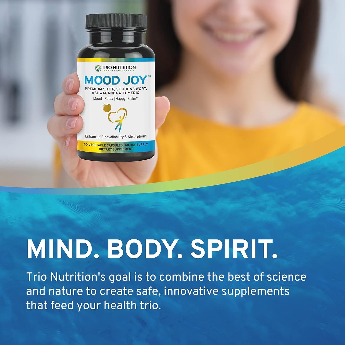 Premium Trio Mood Joy Supplement with 5-HTP, St Johns Wort, Ashwagandha & Turmeric - Promotes Natural Calm & Relaxation - 60 Day Supply