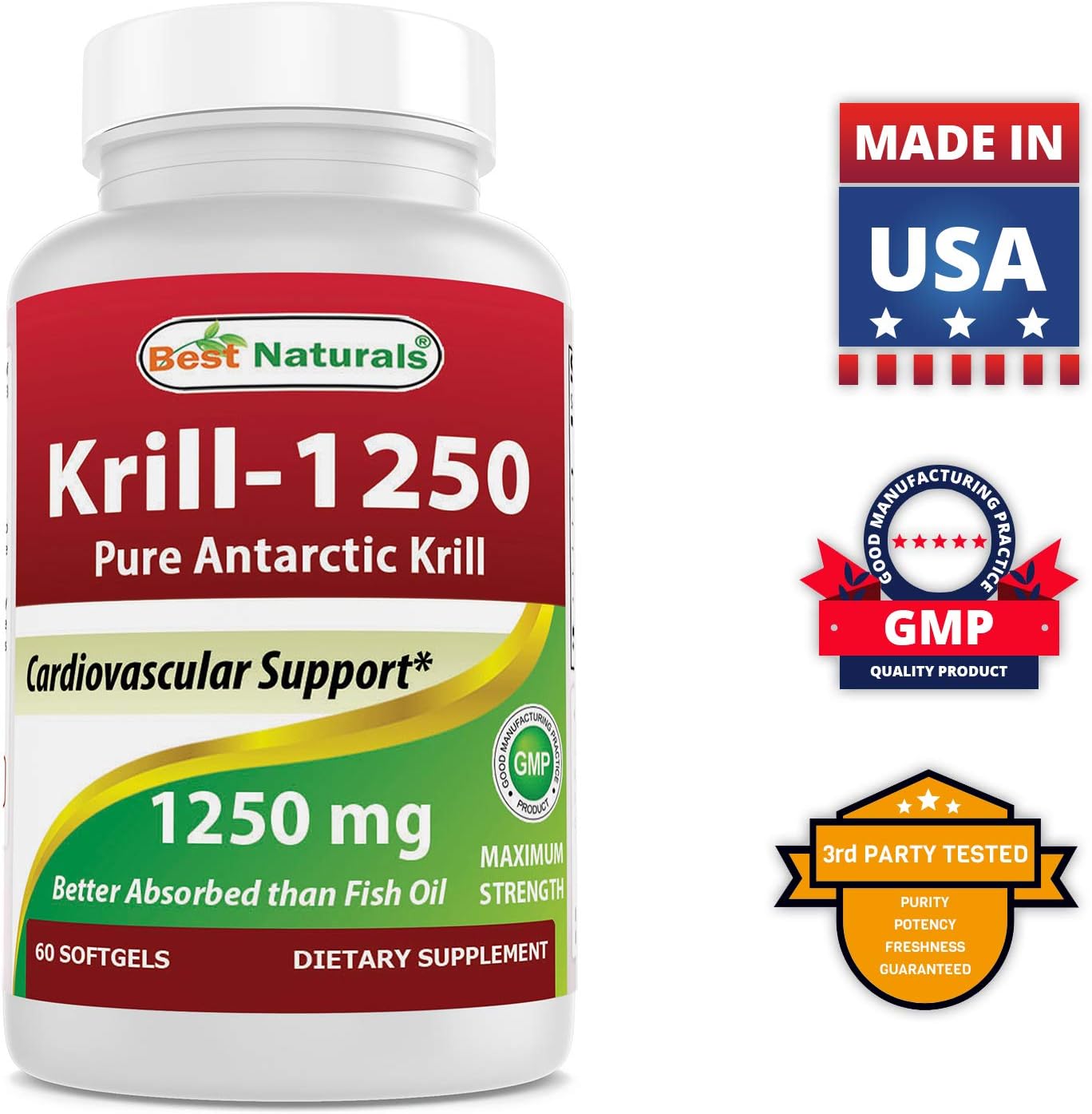 Premium Triple Strength Antarctic Krill Oil with Omega-3s EPA, DHA, and Astaxanthin - 60 Softgels