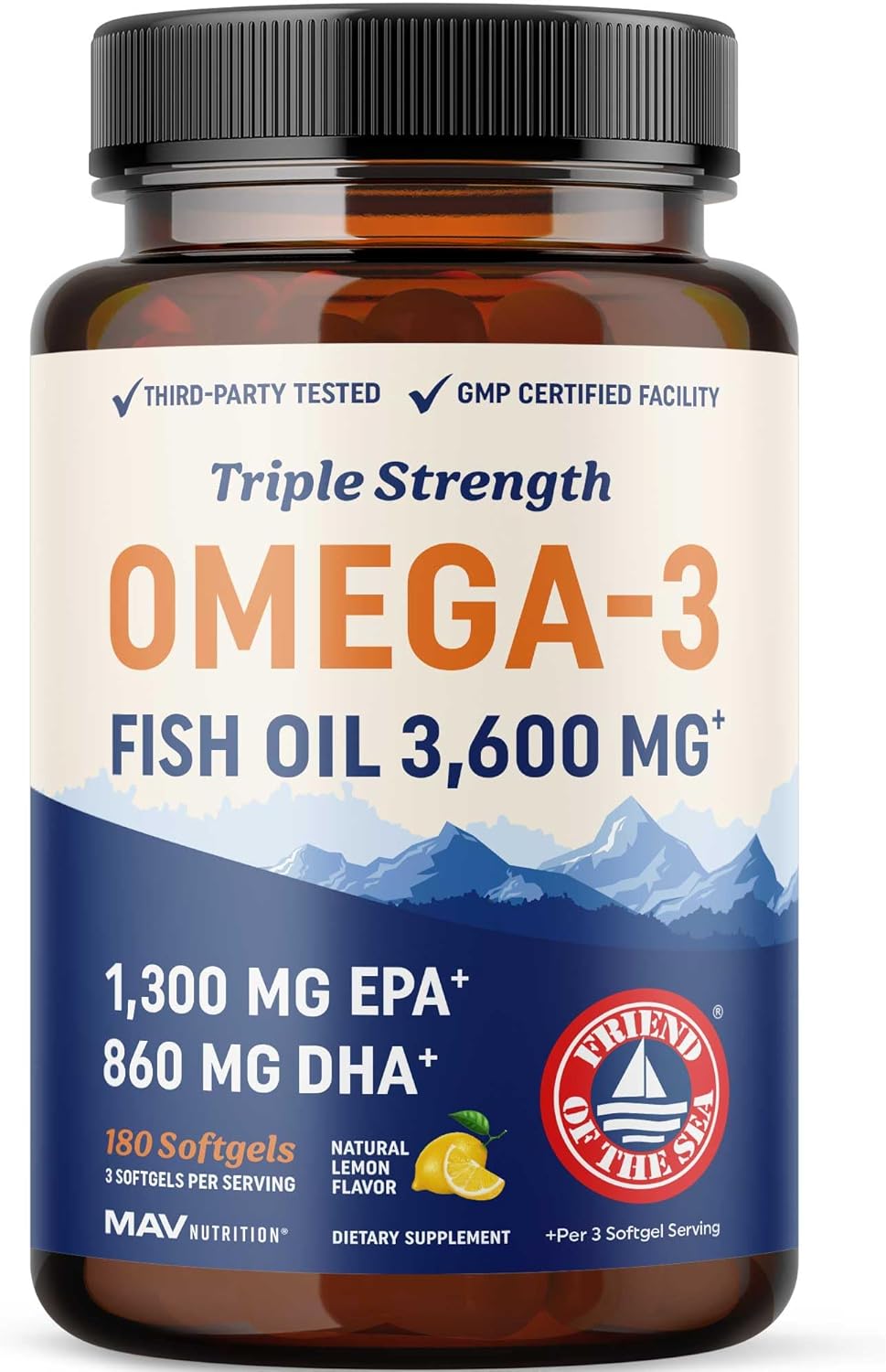 Premium Triple Strength Omega-3 Fish Oil Supplement with EPA & DHA, 2100mg Omega-3 Fatty Acids, 1300mg EPA + 860mg DHA, Wild Caught, Burpless, 180 Ct