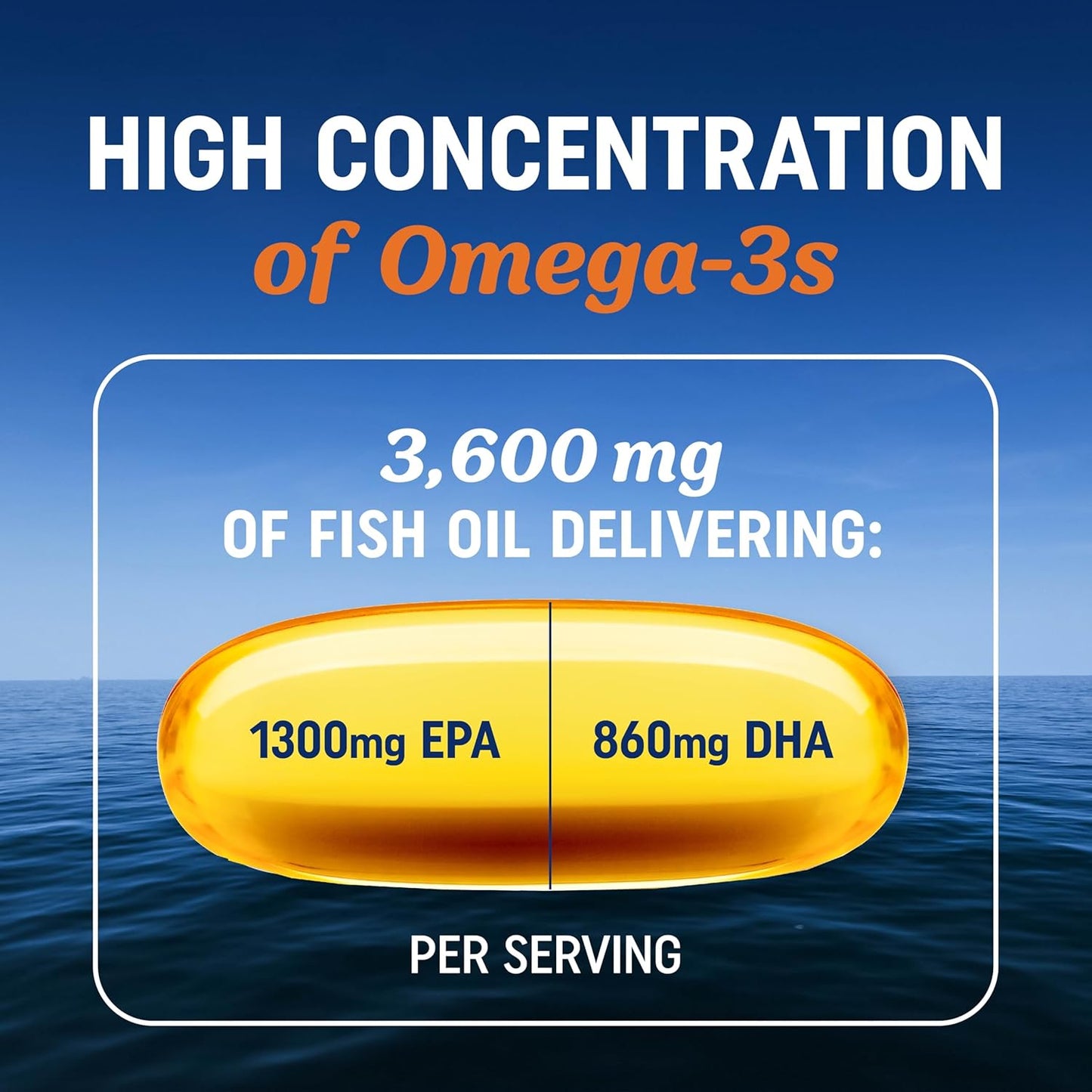Premium Triple Strength Omega-3 Fish Oil Supplement with EPA & DHA, 2100mg Omega-3 Fatty Acids, 1300mg EPA + 860mg DHA, Wild Caught, Burpless, 180 Ct