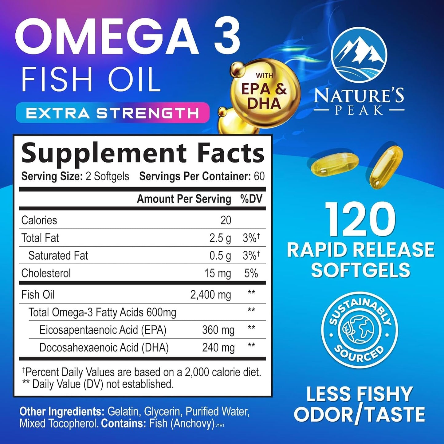 Premium Triple Strength Omega-3 Fish Oil Supplement - 2400 mg, Sustainably Sourced EPA & DHA for Brain & Heart Support - 120 Softgels