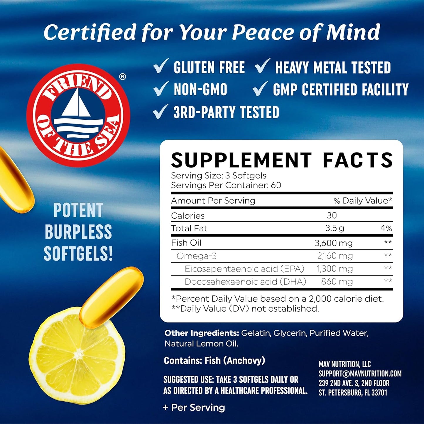 Premium Triple Strength Omega-3 Fish Oil Supplement with EPA & DHA, 2100mg Omega-3 Fatty Acids, 1300mg EPA + 860mg DHA, Wild Caught, Burpless, 180 Ct