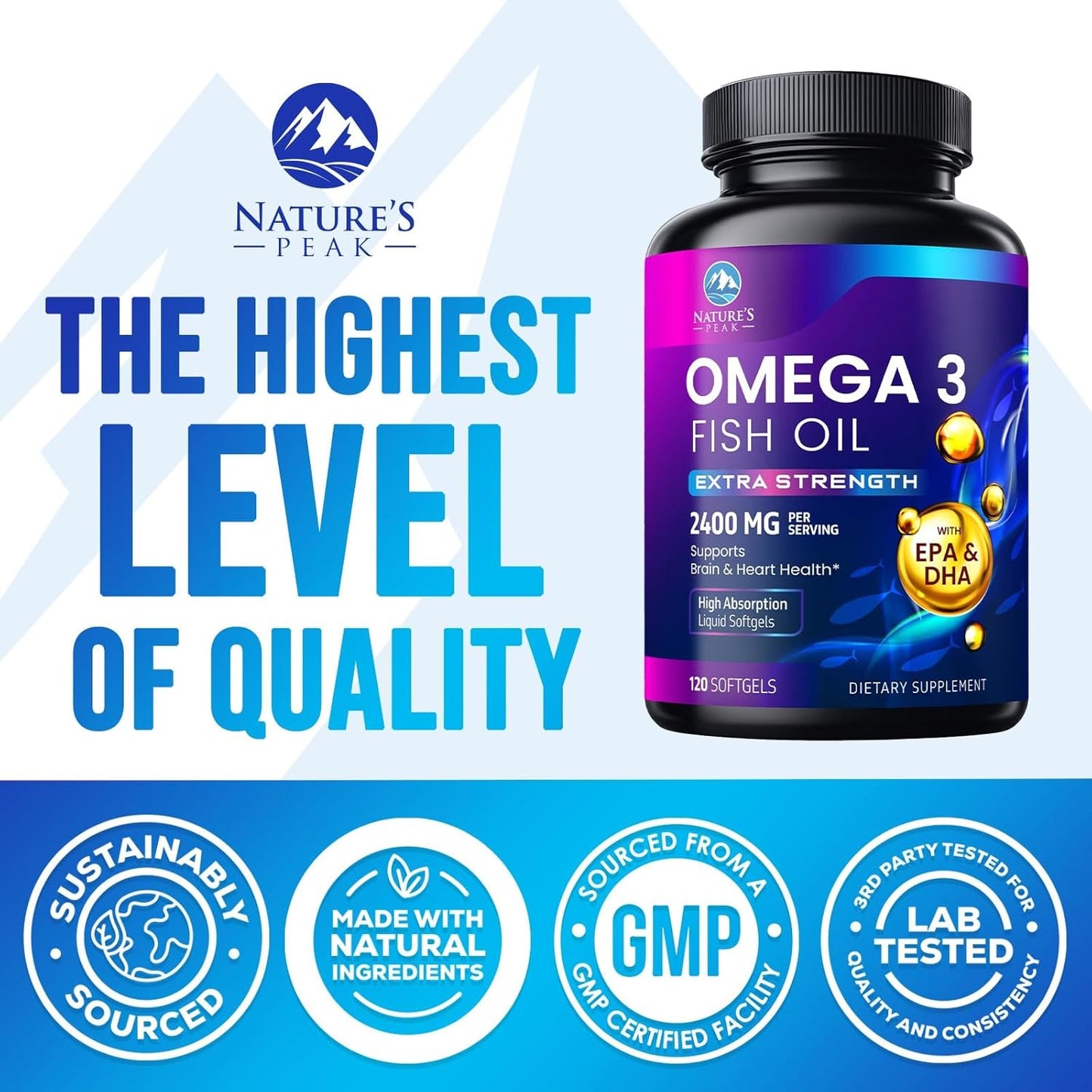 Premium Triple Strength Omega-3 Fish Oil Supplement - 2400 mg, Sustainably Sourced EPA & DHA for Brain & Heart Support - 120 Softgels