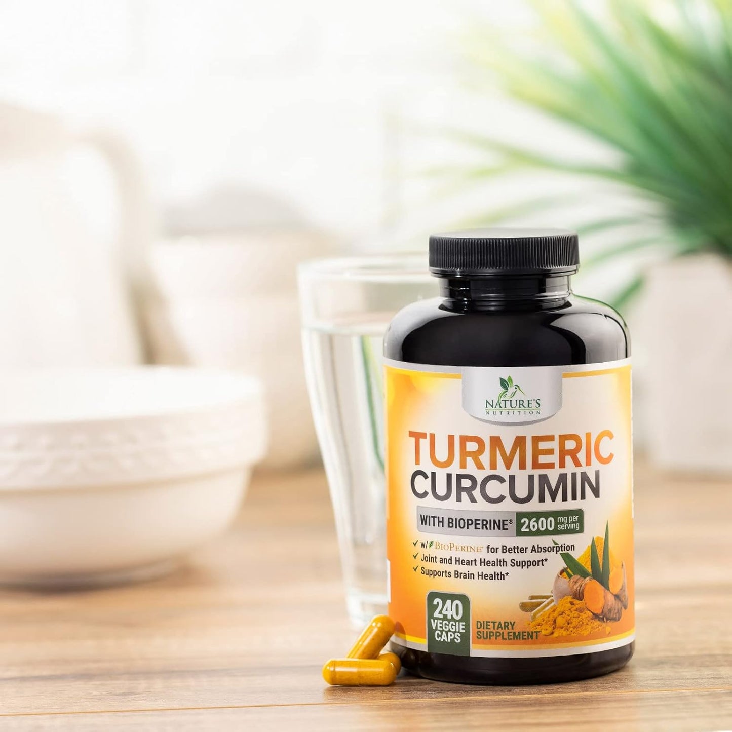 Premium Turmeric Curcumin Supplement 2600mg with BioPerine & Black Pepper for Optimal Absorption - 240 Capsules, Vegan Joint Support - Non-GMO Formula - Bottled in USA by Nature's Nutrition