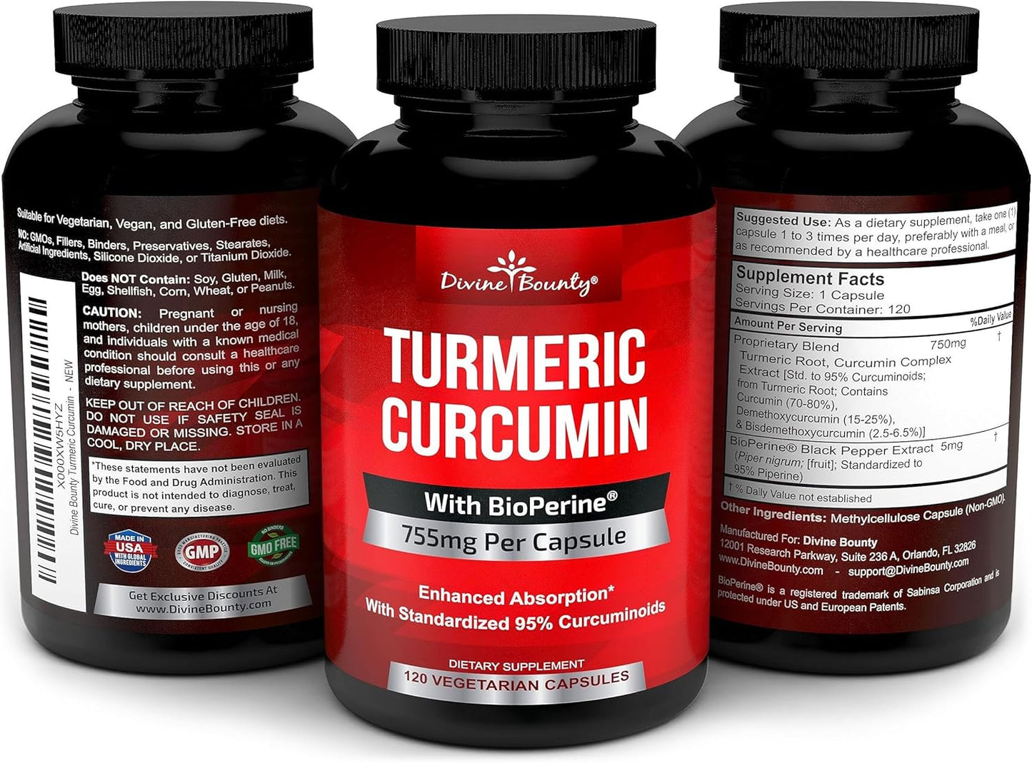 Premium Turmeric Curcumin Supplement with BioPerine Black Pepper Extract - 755mg, 120 Veg. Capsules - Non-GMO, 95% Curcuminoids
