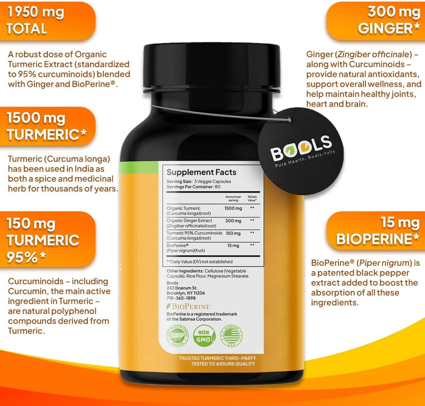 Premium Turmeric Curcumin Supplement with BioPerine, Ginger & Black Pepper - 1950mg for Joint Support - Non-GMO, Vegan Formula - 240 Capsules