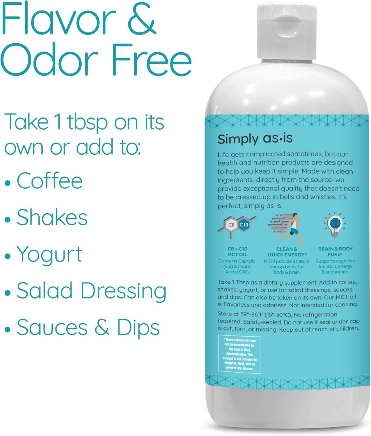 Premium Unflavored MCT Oil C8 & C10 from Non-GMO Coconuts - Ideal for Morning Coffee - Quick, Clean Energy - 32 fl oz (63 Servings)