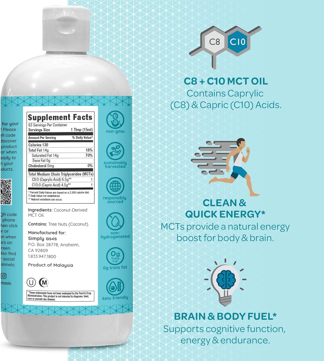 Premium Unflavored MCT Oil C8 & C10 from Non-GMO Coconuts - Ideal for Morning Coffee - Quick, Clean Energy - 32 fl oz (63 Servings)