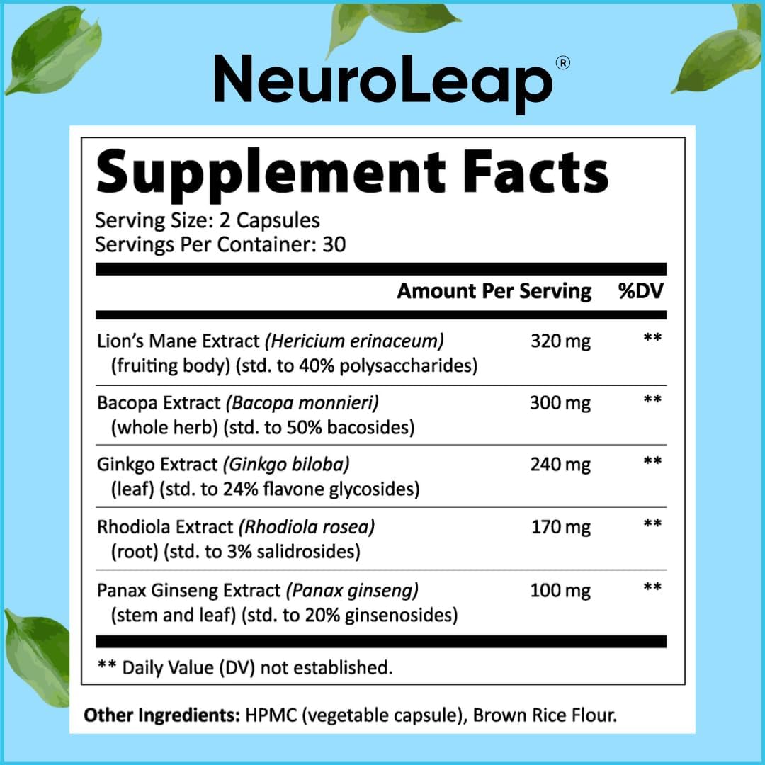 Premium US-Made NeuroLeap Nootropic Supplement for Brain Health | Enhances Memory, Focus, Clarity, Energy | Easy-to-Swallow Capsules with Bacopa Monnieri, Lion's Mane, Rhodiola Rosea, Ginkgo, Ginseng | 60 Count