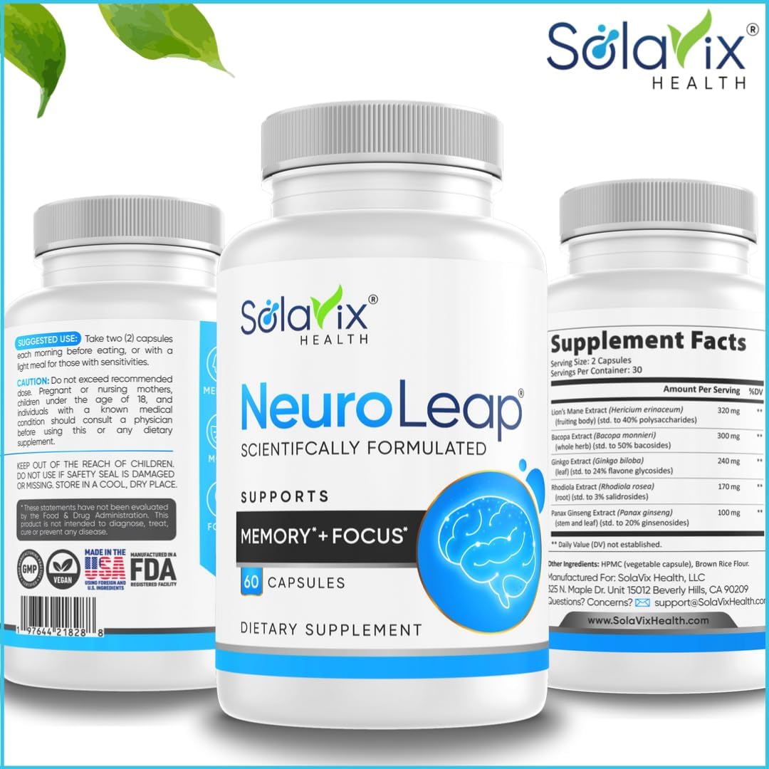 Premium US-Made NeuroLeap Nootropic Supplement for Brain Health | Enhances Memory, Focus, Clarity, Energy | Easy-to-Swallow Capsules with Bacopa Monnieri, Lion's Mane, Rhodiola Rosea, Ginkgo, Ginseng | 60 Count