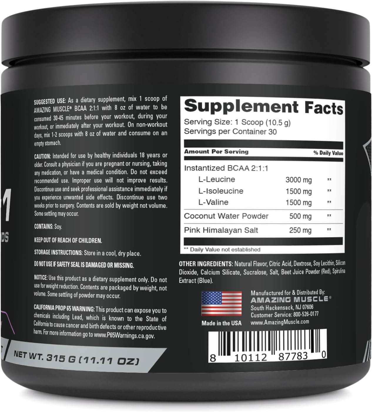 Premium USA-Made BCAA 2:1:1 Powder, 315g - Grape Candy Flavor, 30 Servings - Natural Branched Chain Amino Acids Supplement