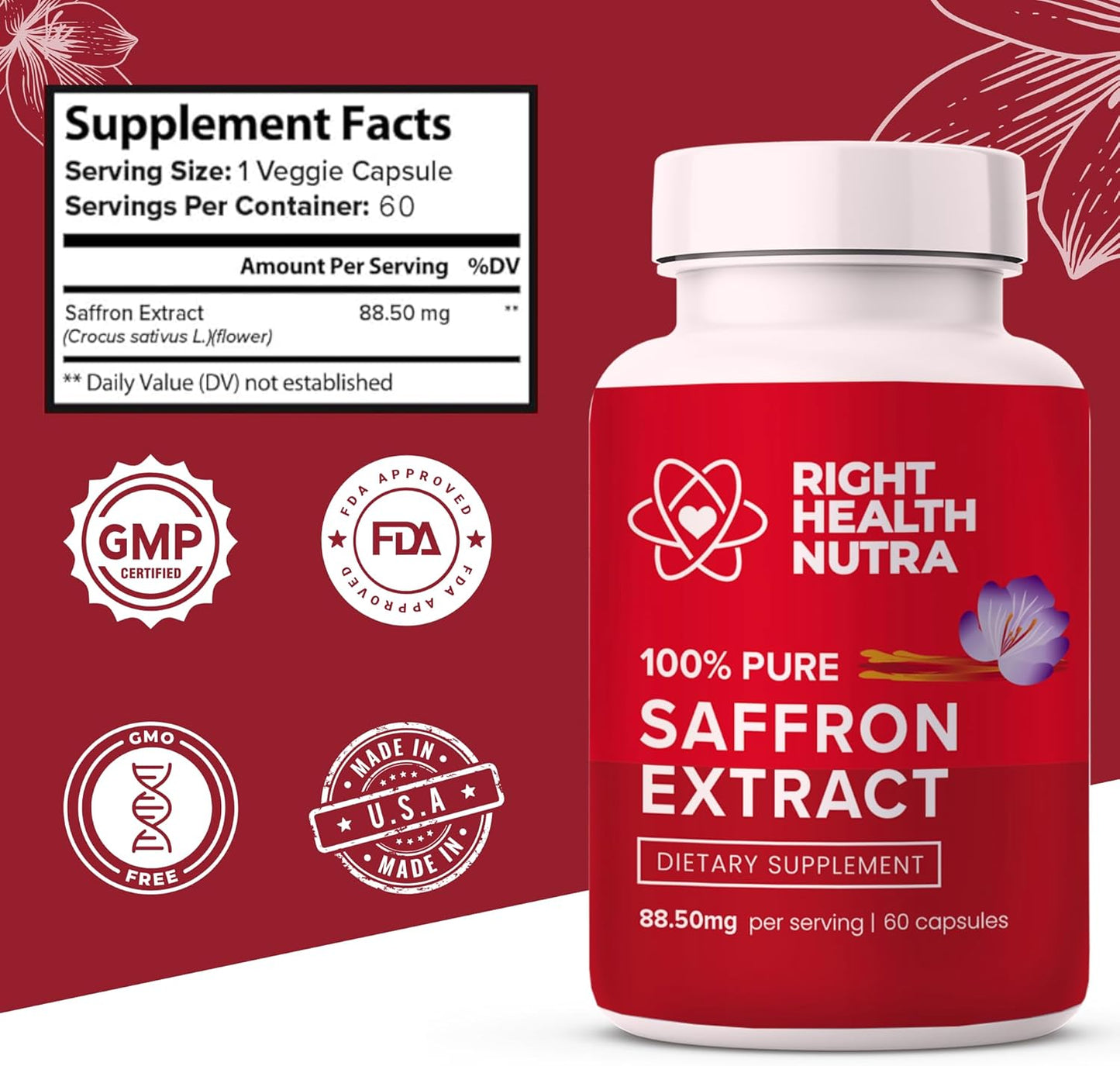 Premium USA-Made Pure Saffron Extract Supplements for Mood, Focus, Digestion, and Eye Health - 60 Capsules for Men and Women