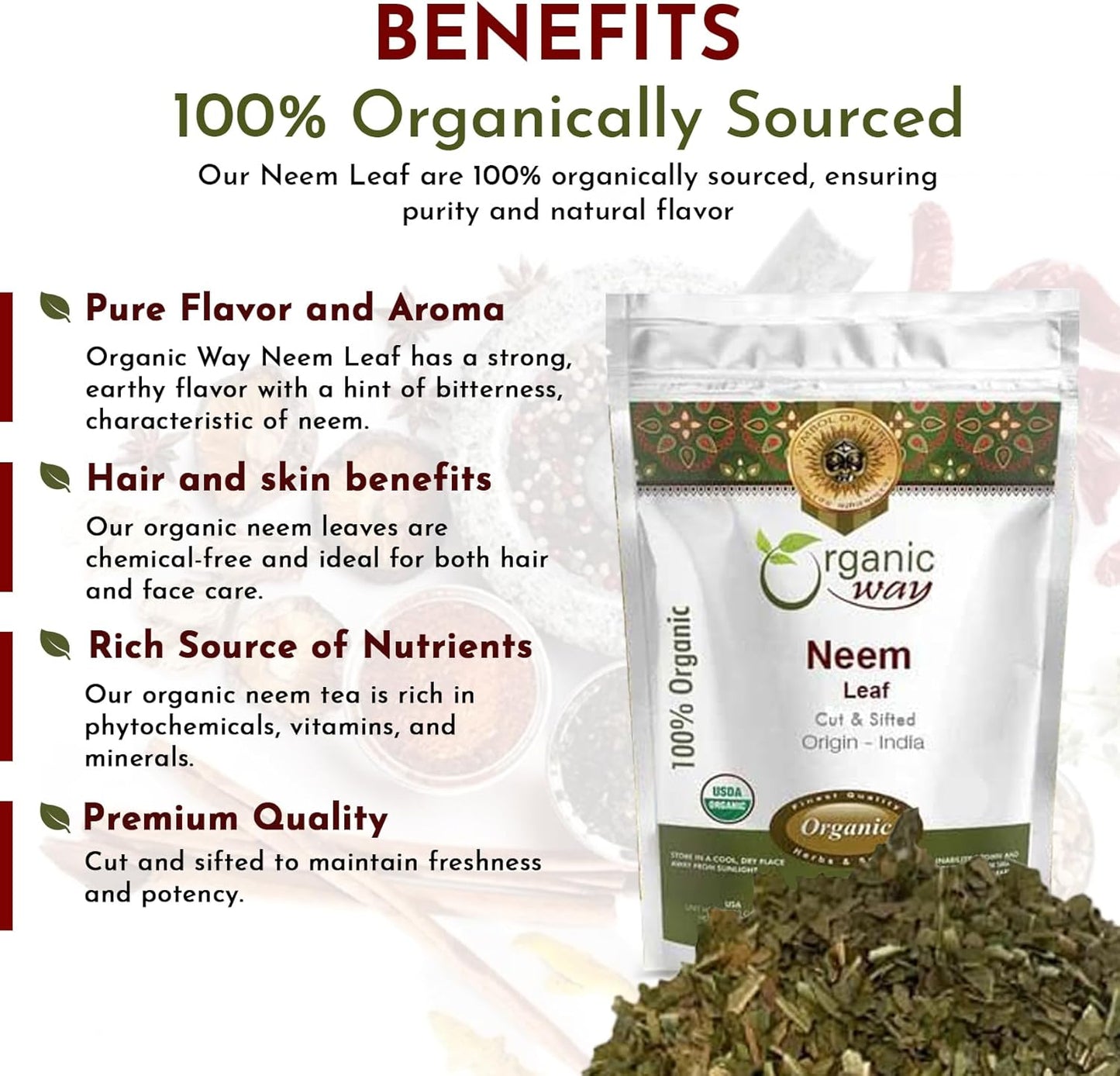 Premium USDA Certified Organic Neem Leaf Cut and Sifted Herbal Tea from India - Non GMO & Gluten Free (8 oz)