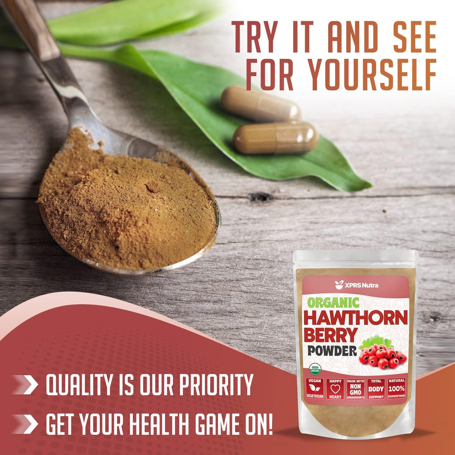 Premium USDA Organic Hawthorn Berry Powder for Cardiovascular Support - Vegan Friendly 8oz Supplement