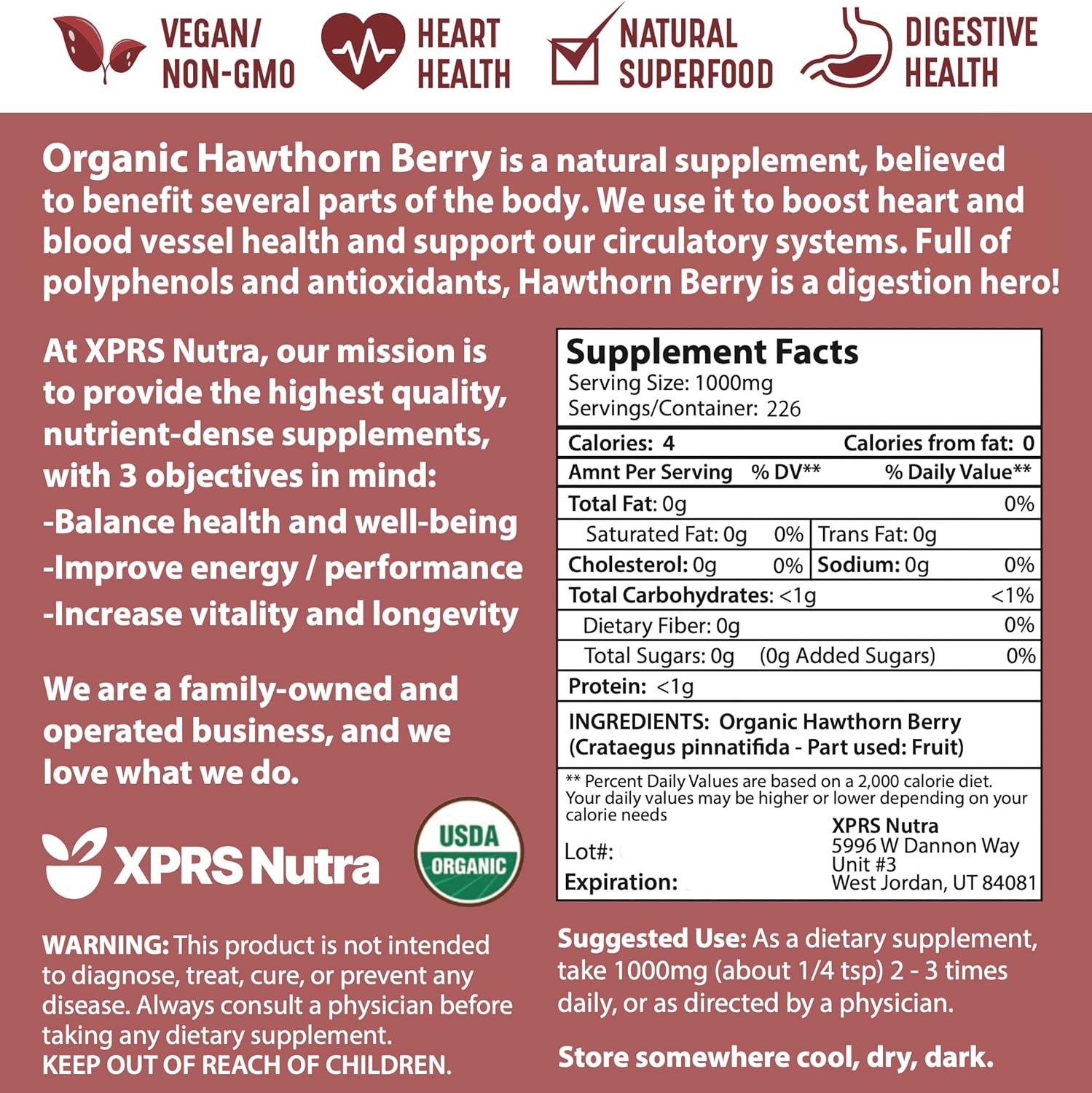 Premium USDA Organic Hawthorn Berry Powder for Cardiovascular Support - Vegan Friendly 8oz Supplement