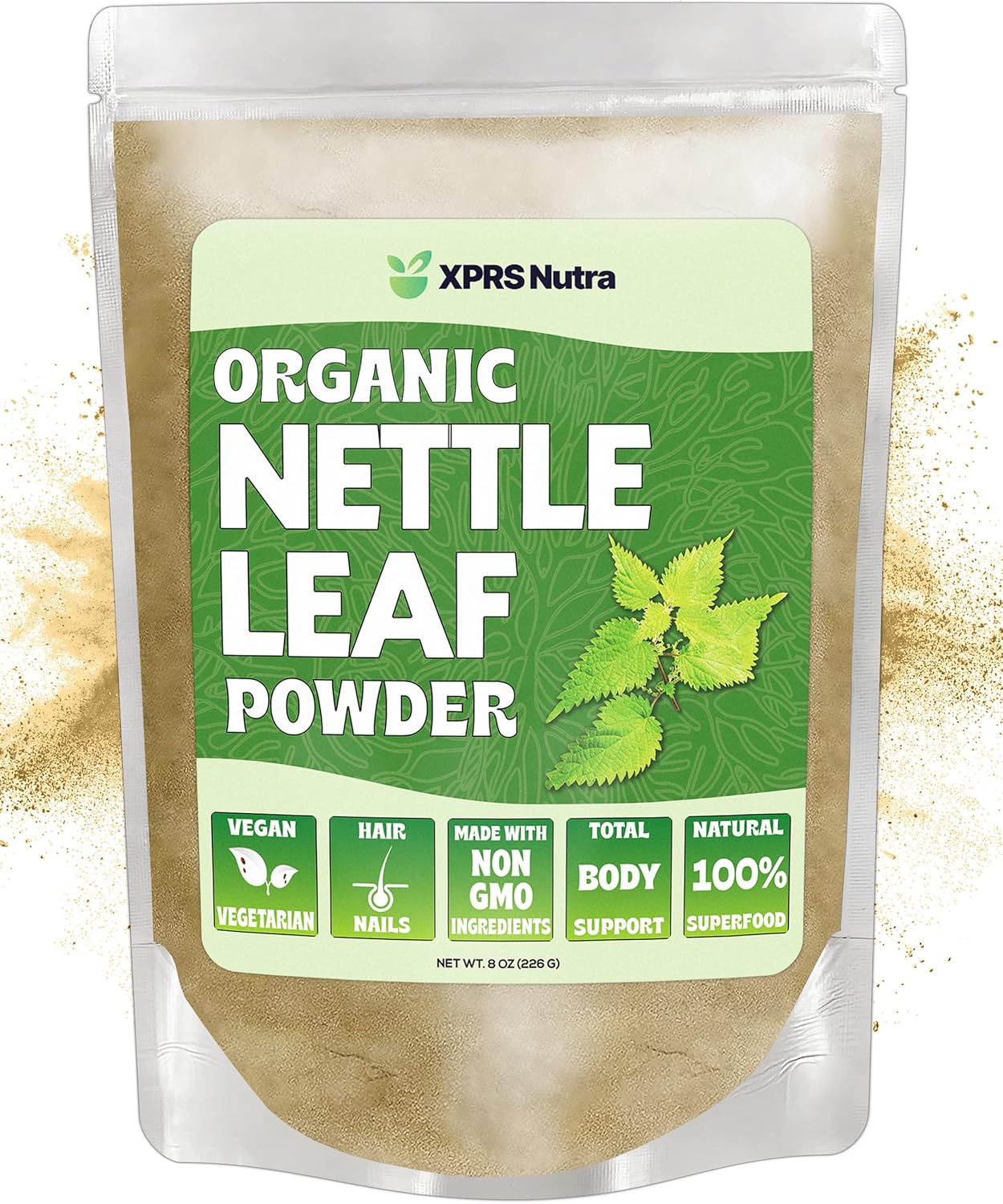 Premium USDA Organic Nettle Leaf Powder for Hair and Nails - Vegan-Friendly Energy Boosting Supplement (8 oz) by XPRS Nutra