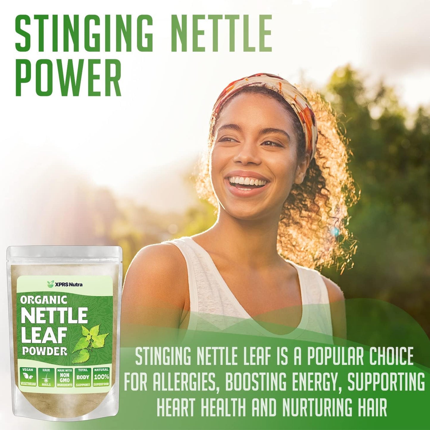 Premium USDA Organic Nettle Leaf Powder for Hair and Nails - Vegan-Friendly Energy Boosting Supplement (8 oz) by XPRS Nutra