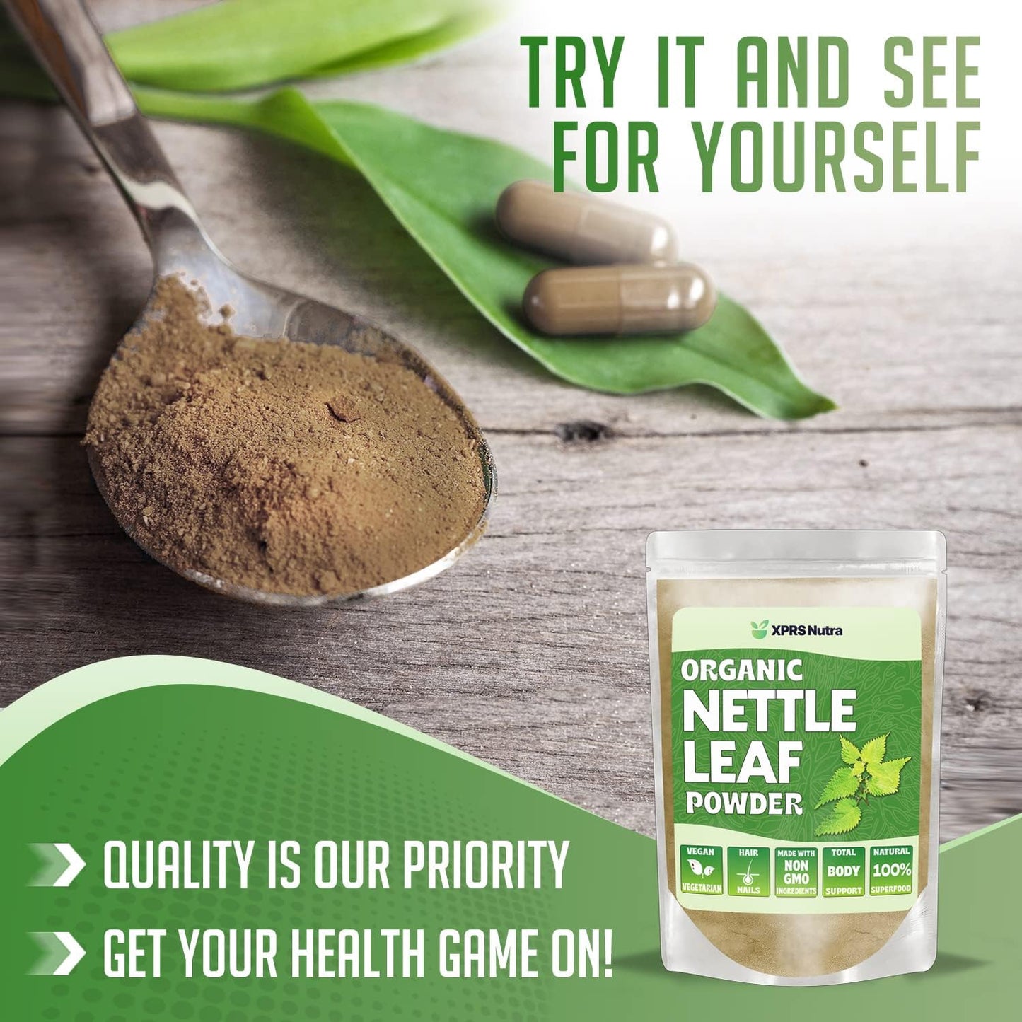 Premium USDA Organic Nettle Leaf Powder for Hair and Nails - Vegan-Friendly Energy Boosting Supplement (8 oz) by XPRS Nutra