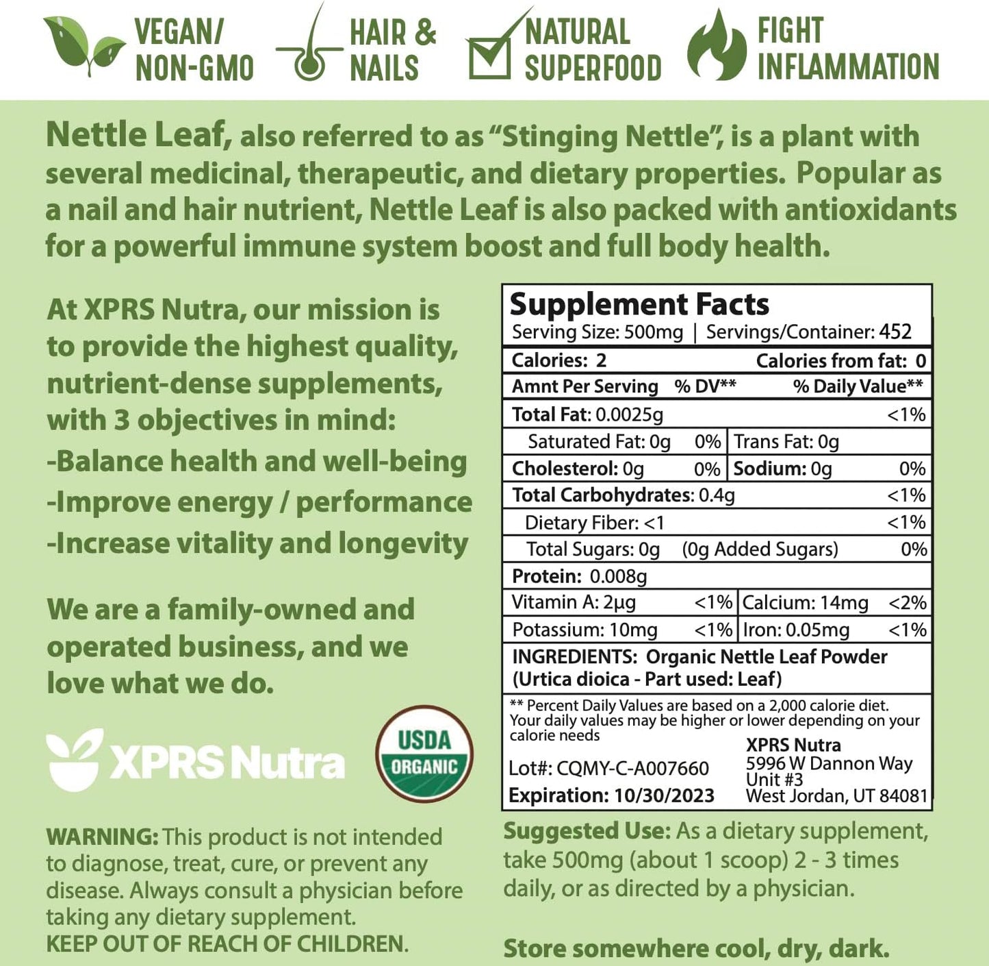 Premium USDA Organic Nettle Leaf Powder for Hair and Nails - Vegan-Friendly Energy Boosting Supplement (8 oz) by XPRS Nutra