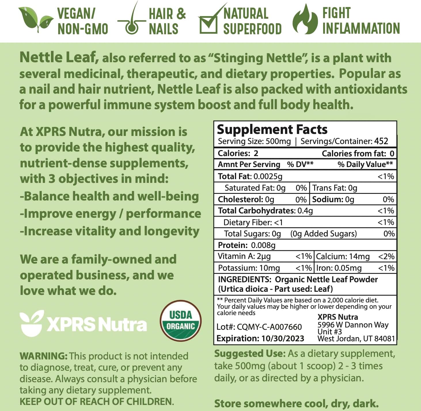 Premium USDA Organic Nettle Leaf Powder for Hair and Nails - Vegan-Friendly Energy Boosting Supplement (8 oz) by XPRS Nutra