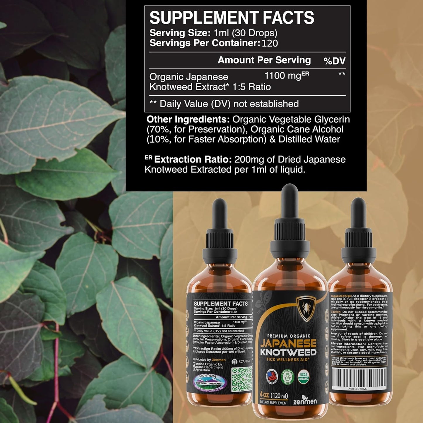 Premium USDA Organic Zenmen Japanese Knotweed Tincture 120ml - High Resveratrol - Immune Support - Made in USA