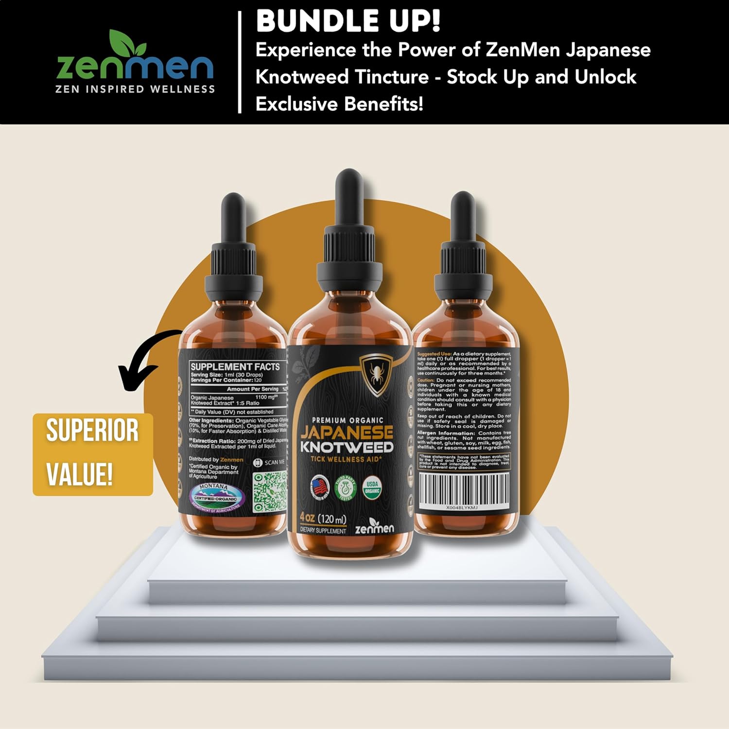 Premium USDA Organic Zenmen Japanese Knotweed Tincture 120ml - High Resveratrol - Immune Support - Made in USA