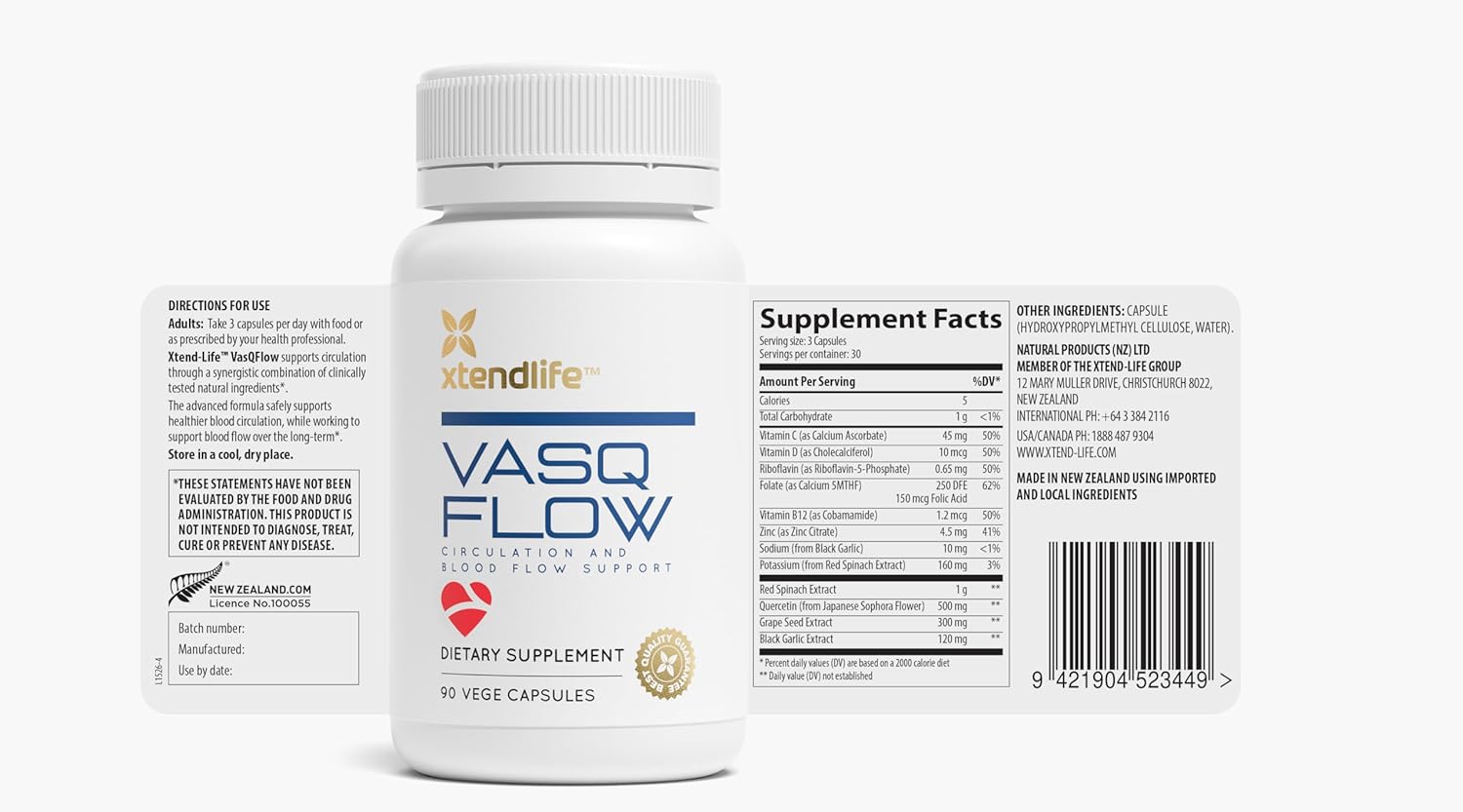 Premium VasQFlow Nitric Oxide Booster Supplement - Supports Circulation, Blood Flow, Heart Health, and Energy - With Red Spinach Extract & Aged Garlic - Muscle Support - 1 Month Supply (90 Count)