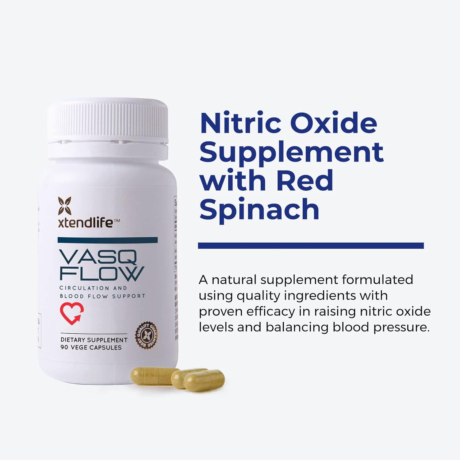 Premium VasQFlow Nitric Oxide Booster Supplement - Supports Circulation, Blood Flow, Heart Health, and Energy - With Red Spinach Extract & Aged Garlic - Muscle Support - 1 Month Supply (90 Count)