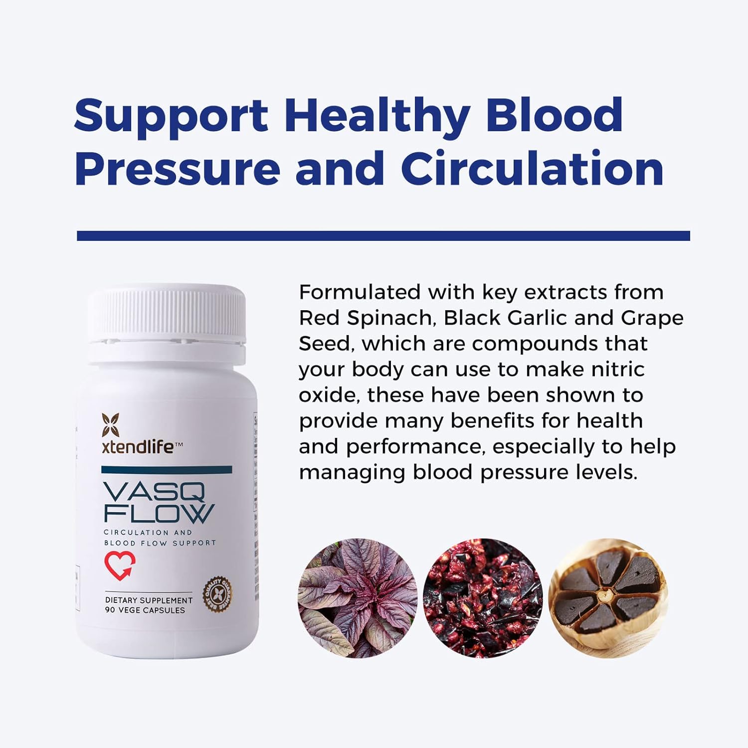 Premium VasQFlow Nitric Oxide Booster Supplement - Supports Circulation, Blood Flow, Heart Health, and Energy - With Red Spinach Extract & Aged Garlic - Muscle Support - 1 Month Supply (90 Count)