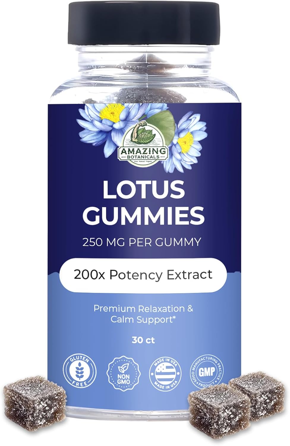Premium Vegan Blueberry Lotus Flower Gummies for Relaxation & Calm Support - Non-GMO, Gluten-Free Herbal Supplement - 250MG, Berry Flavor - 30 Count