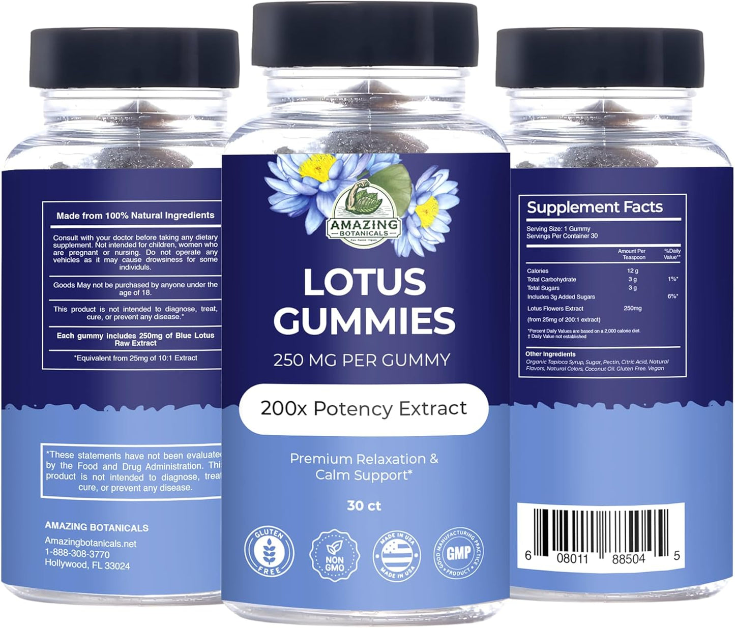 Premium Vegan Blueberry Lotus Flower Gummies for Relaxation & Calm Support - Non-GMO, Gluten-Free Herbal Supplement - 250MG, Berry Flavor - 30 Count