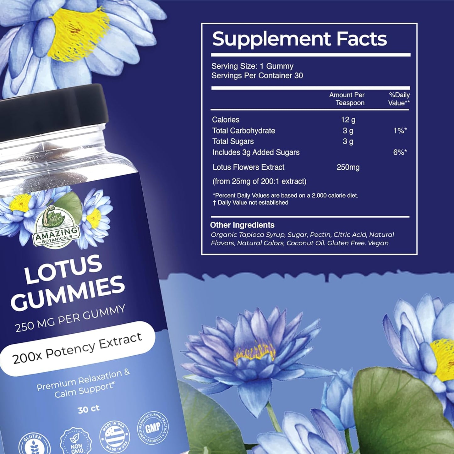 Premium Vegan Blueberry Lotus Flower Gummies for Relaxation & Calm Support - Non-GMO, Gluten-Free Herbal Supplement - 250MG, Berry Flavor - 30 Count