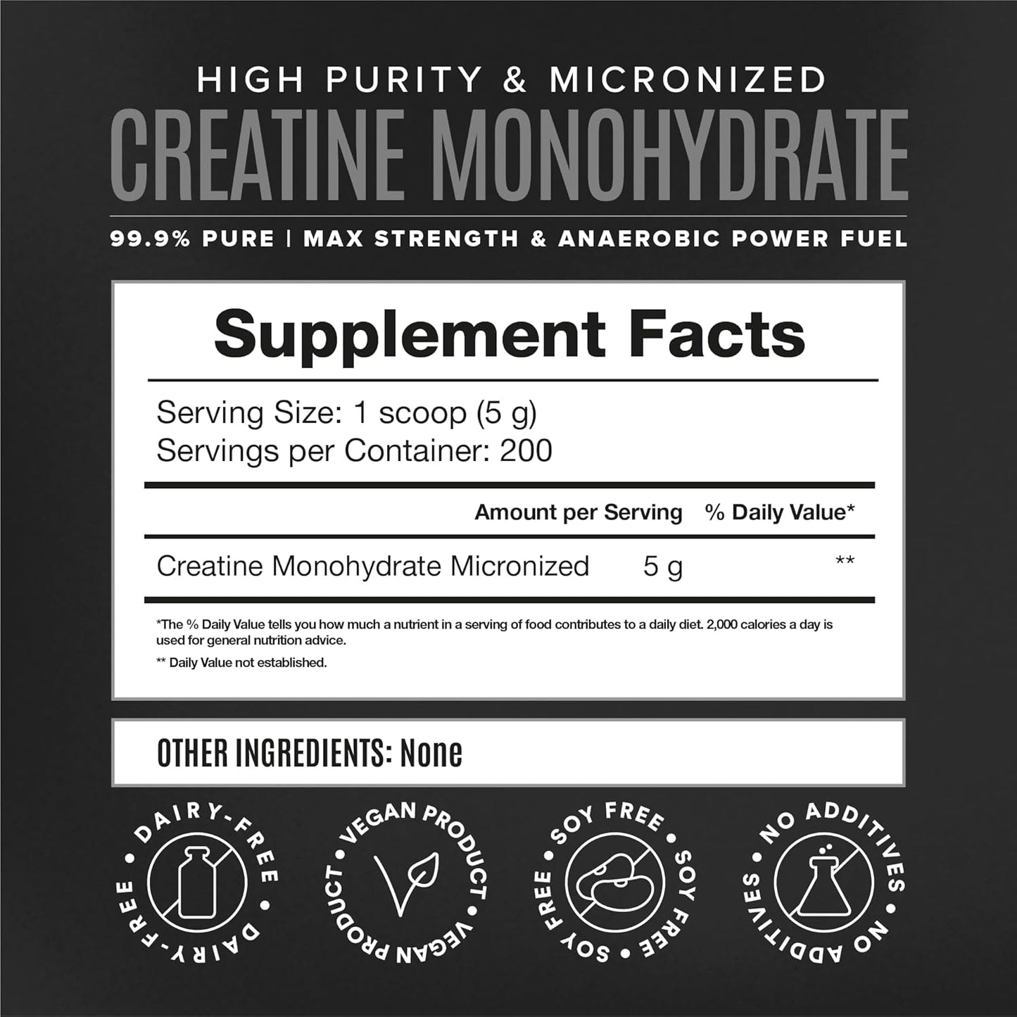 Premium Vegan Micronized Creatine Monohydrate Powder for Muscle Recovery Pre and Post Workout - Caffeine-Free, Gluten-Free, and Sugar-Free - 200 Servings (5g Each) - 2.2lb Jar