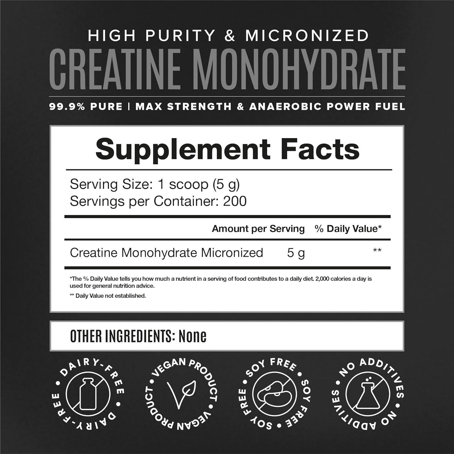 Premium Vegan Micronized Creatine Monohydrate Powder for Muscle Recovery Pre and Post Workout - Caffeine-Free, Gluten-Free, and Sugar-Free - 200 Servings (5g Each) - 2.2lb Jar