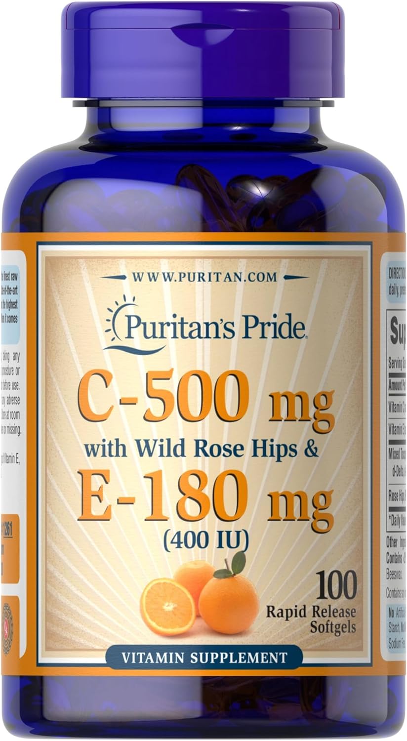 Premium Vitamin C-500mg with Rose Hips and Vitamin E-400 Softgels for Antioxidant and Immune Support