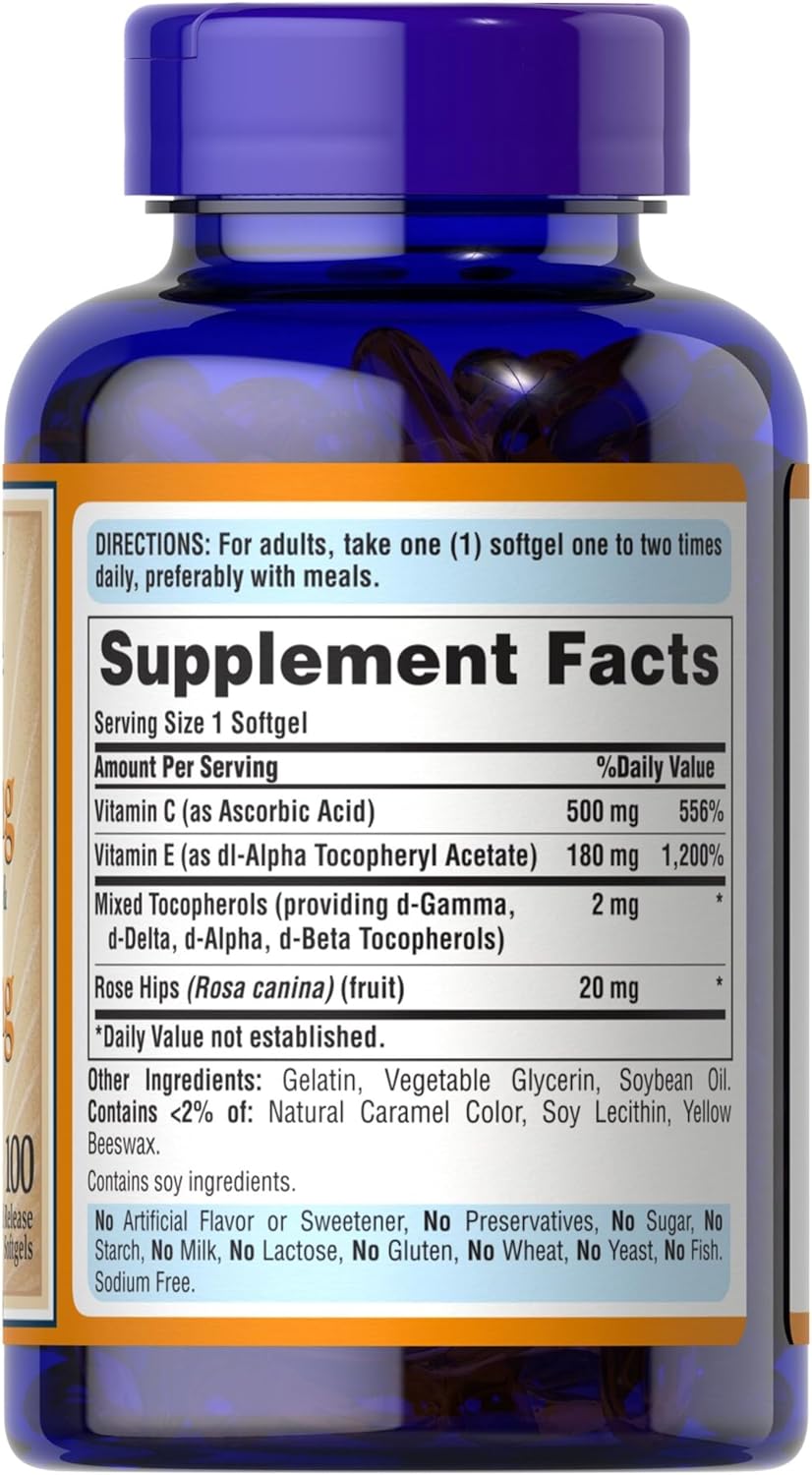 Premium Vitamin C-500mg with Rose Hips and Vitamin E-400 Softgels for Antioxidant and Immune Support