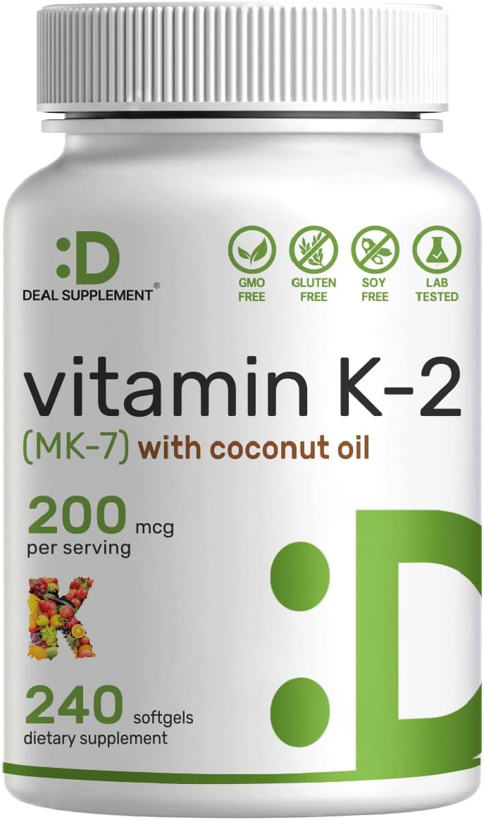 Premium Vitamin K2 (MK-7) Supplement with Virgin Coconut Oil Softgels - 240 Capsules for Bone, Joint, & Immune Support - High Absorption Menaquinone-7 Formula - Non-GMO & Easy to Absorb