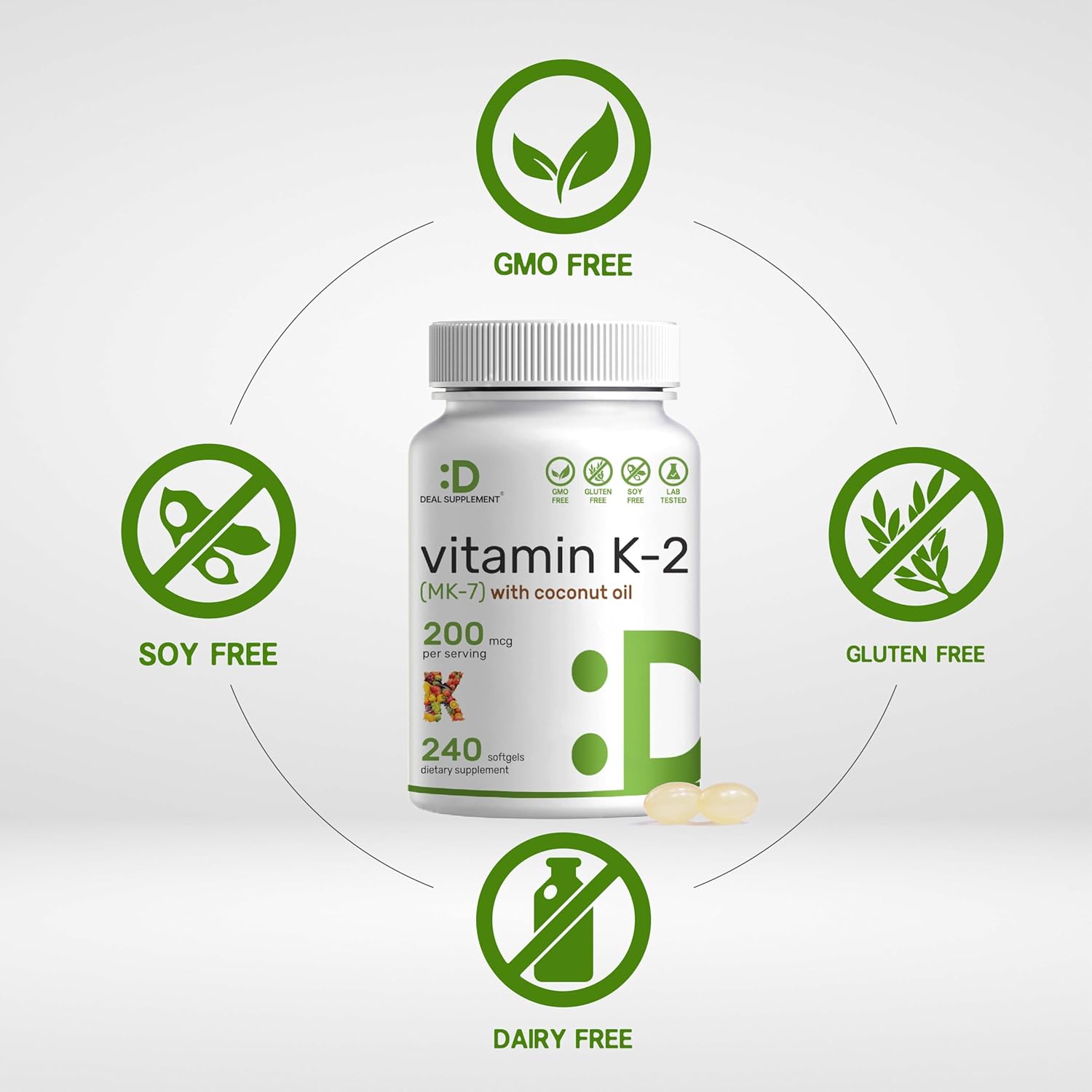 Premium Vitamin K2 (MK-7) Supplement with Virgin Coconut Oil Softgels - 240 Capsules for Bone, Joint, & Immune Support - High Absorption Menaquinone-7 Formula - Non-GMO & Easy to Absorb