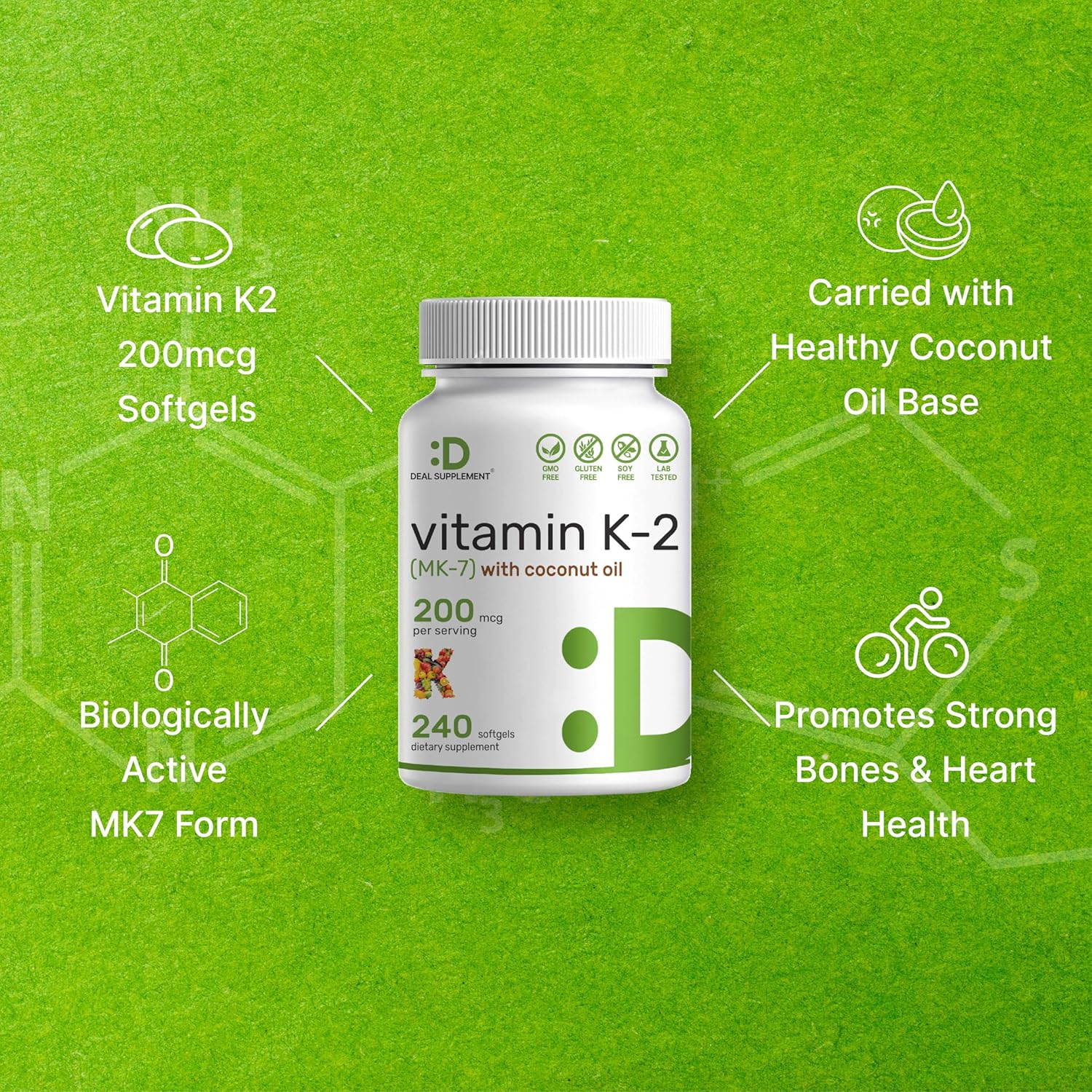 Premium Vitamin K2 (MK-7) Supplement with Virgin Coconut Oil Softgels - 240 Capsules for Bone, Joint, & Immune Support - High Absorption Menaquinone-7 Formula - Non-GMO & Easy to Absorb