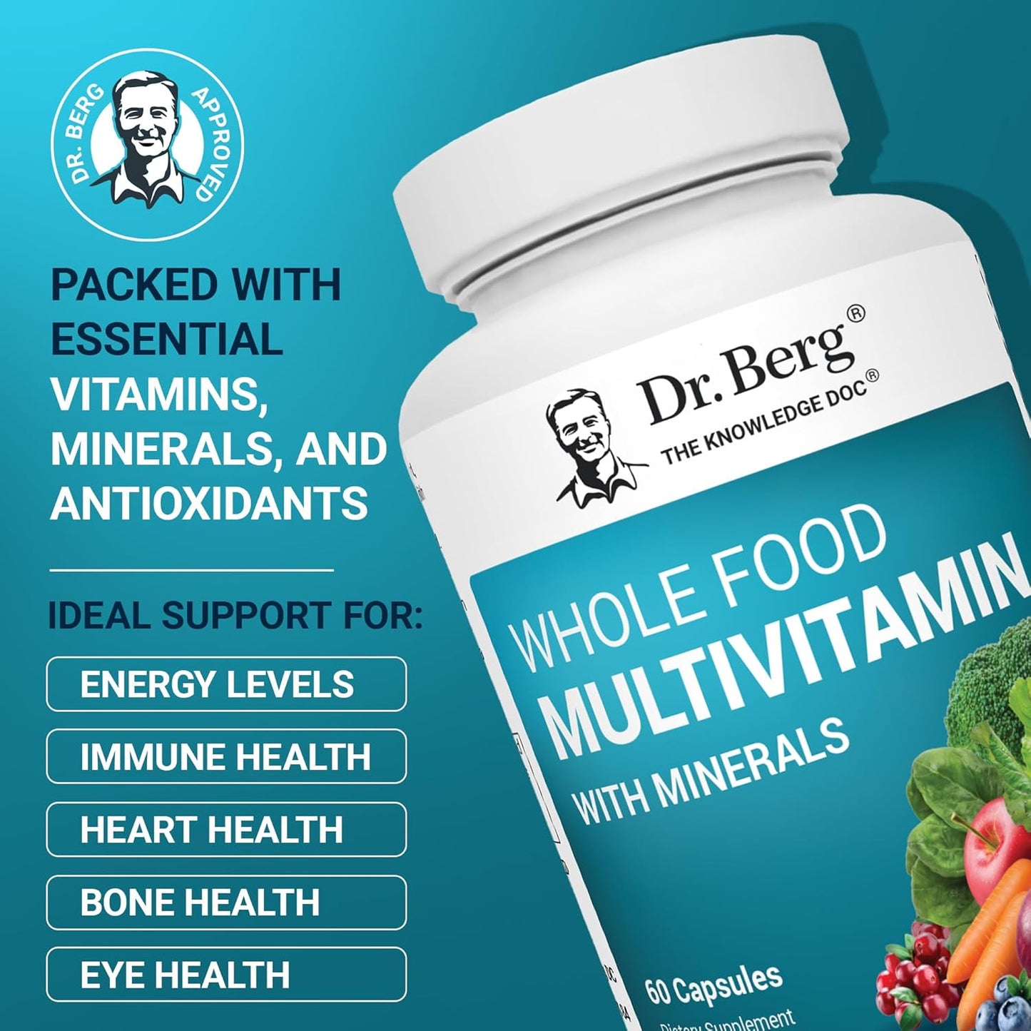 Premium Whole Food Multivitamin for Men and Women - Dr. Berg Nutritionals - 60 Capsules - Includes Minerals, Fruits, Vegetables, Folate, Alpha-Lipoic Acid