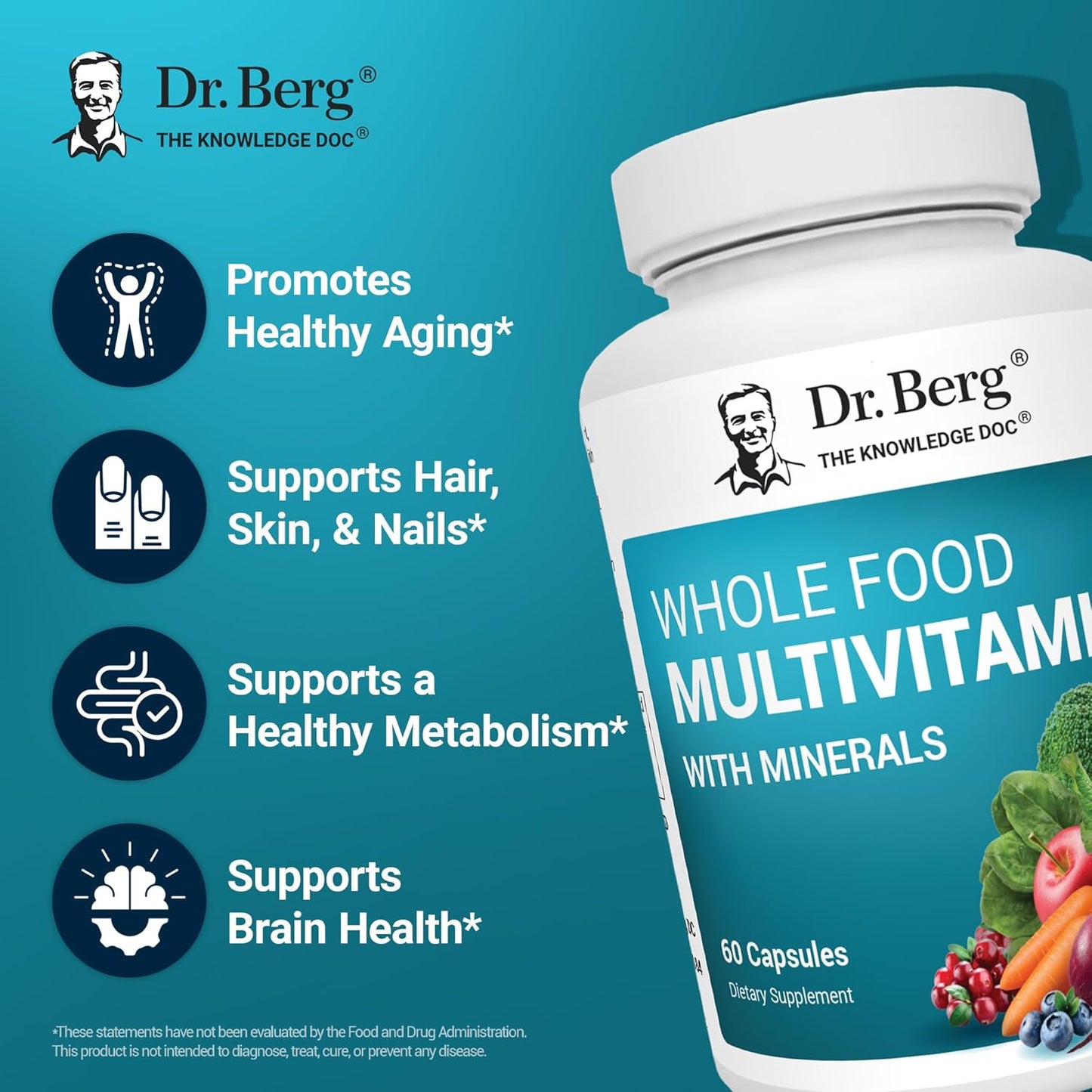 Premium Whole Food Multivitamin for Men and Women - Dr. Berg Nutritionals - 60 Capsules - Includes Minerals, Fruits, Vegetables, Folate, Alpha-Lipoic Acid